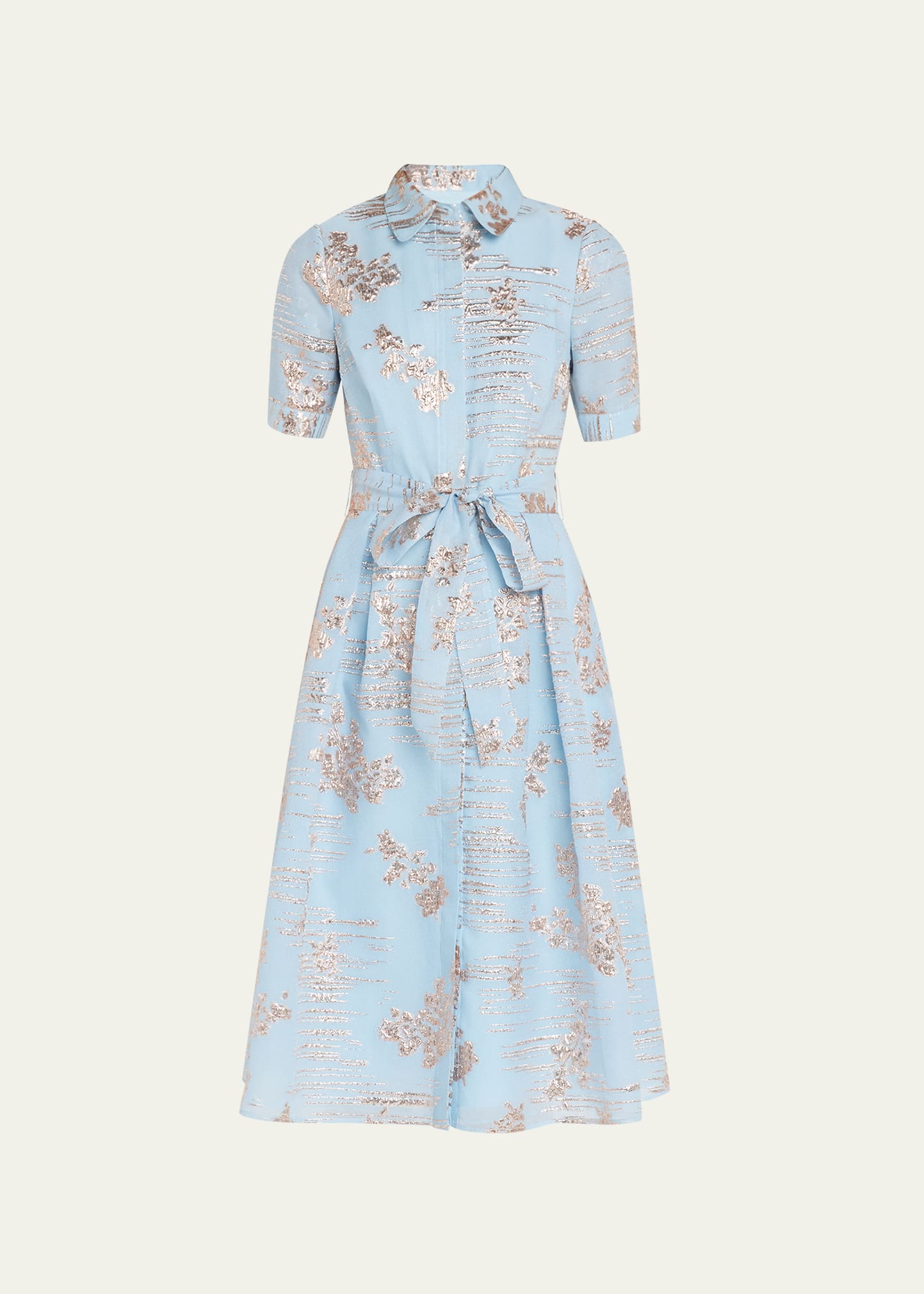 Rickie Freeman for Teri Jon Metallic Jacquard Short-Sleeve Midi Shirtdress