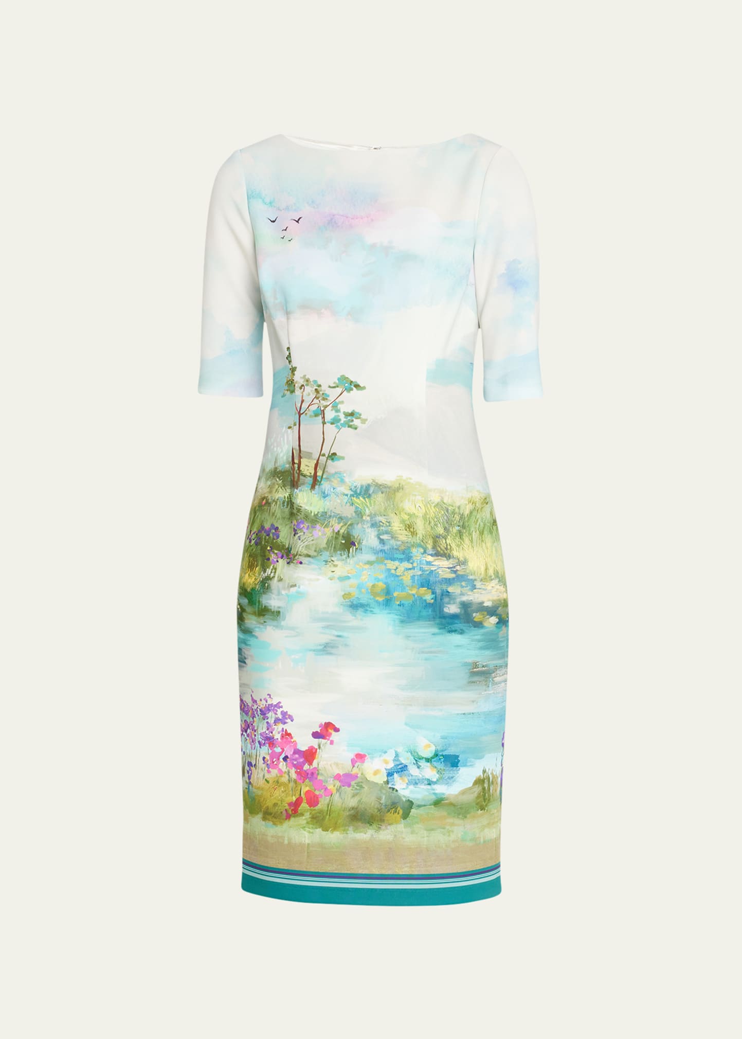 Rickie Freeman for Teri Jon Scenic-Print Elbow-Sleeve Scuba Dress