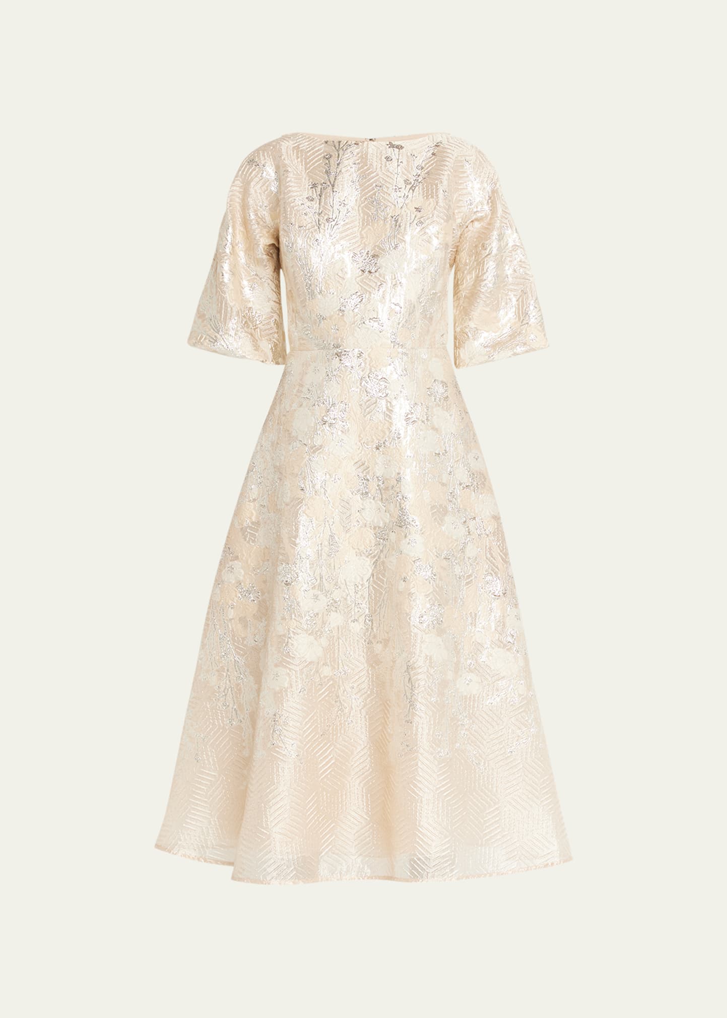 Rickie Freeman for Teri Jon Blouson-Sleeve Metallic Jacquard Midi Dress