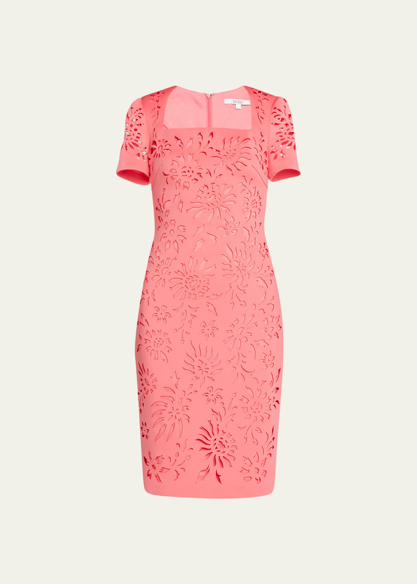 Badgley Mischka Collection Square-Neck Laser-Cut Sheath Midi Dress -  Bergdorf Goodman