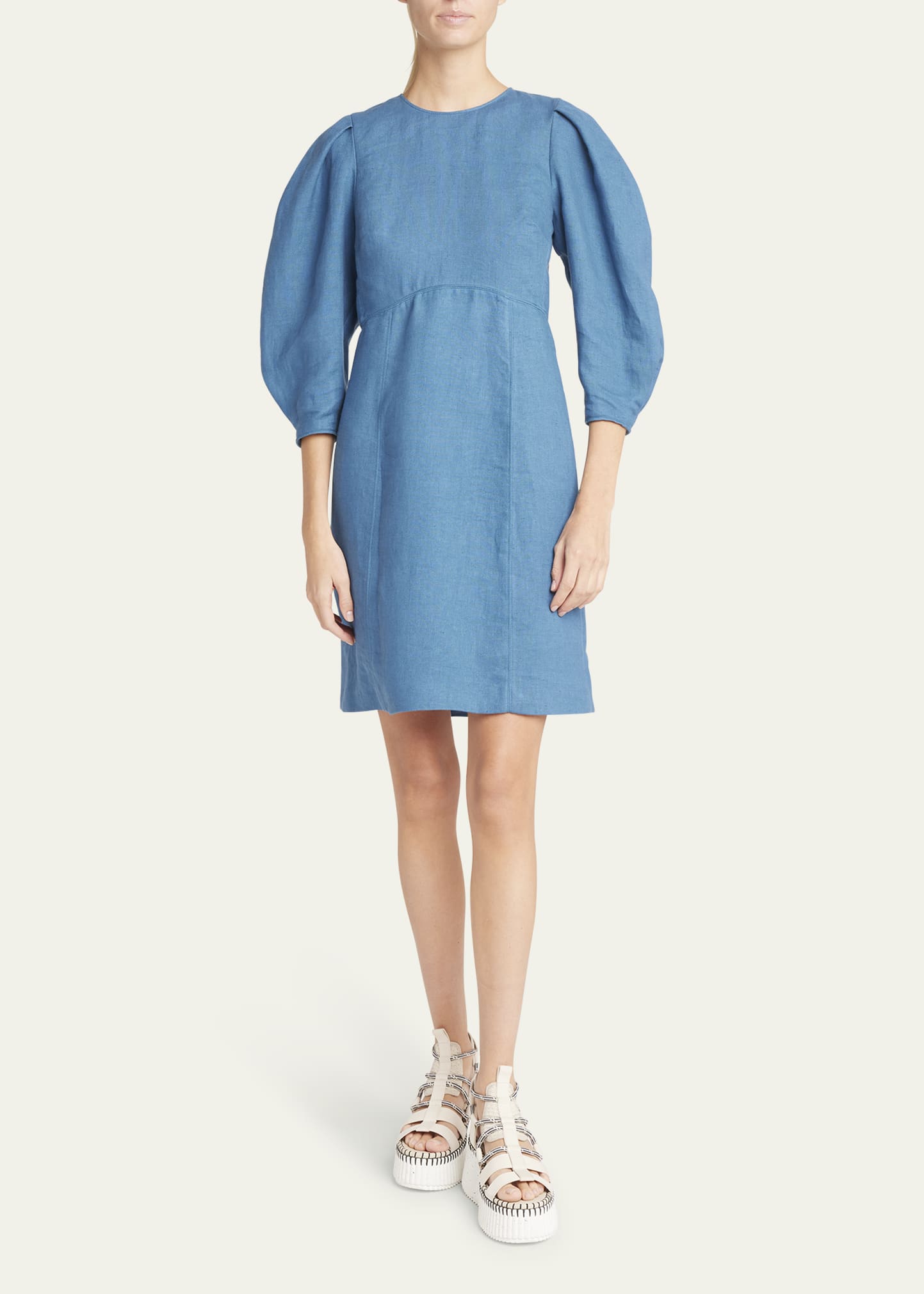 chinese dress ladies Beloved Puff Sleeve Linen Blend Mini Dress White