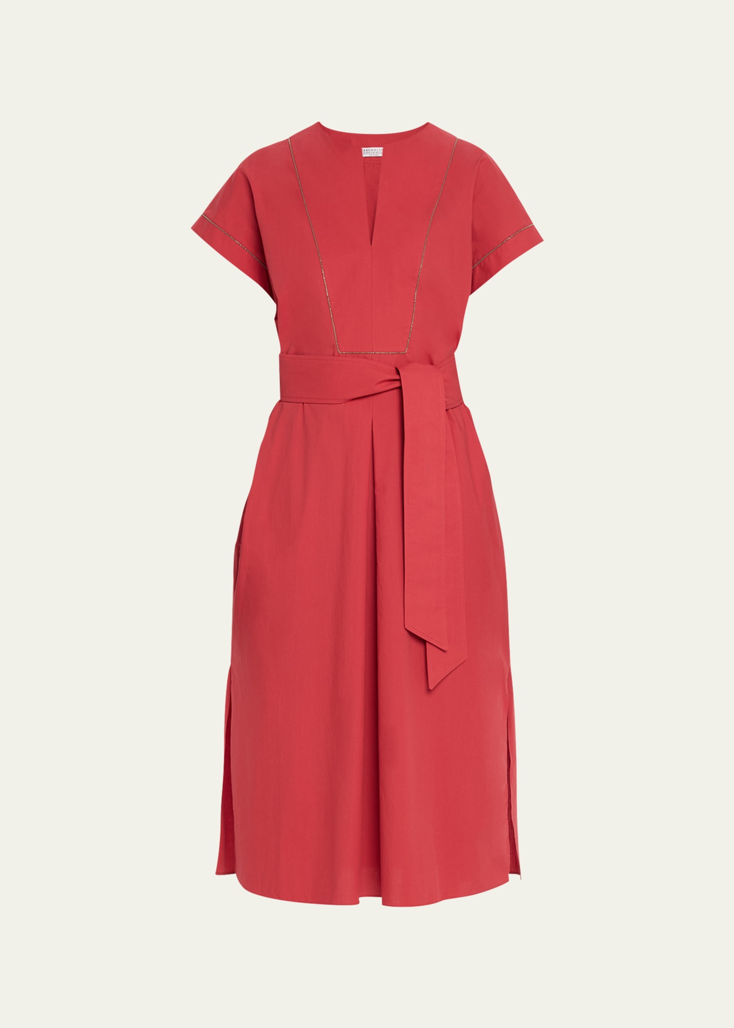 Brunello Cucinelli Belted Midi Dress with Monili Trim