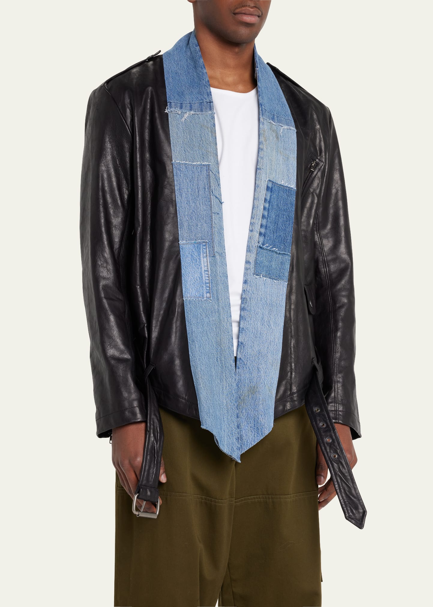 Greg Lauren Men's Leather and Denim Kimono Jacket Bergdorf Goodman