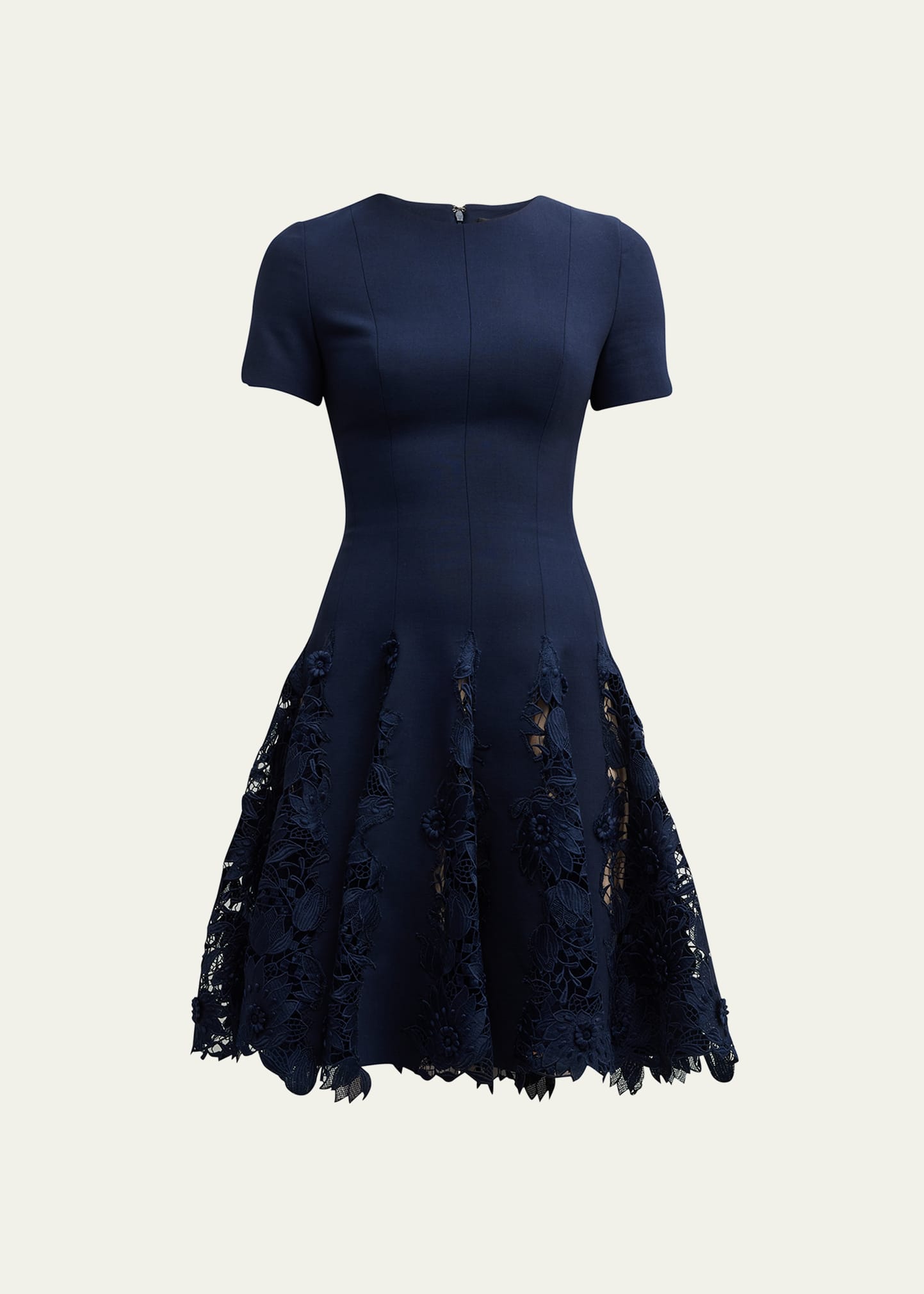 Oscar de la Renta Water Lily Short Dress with Guipure Inset Detail