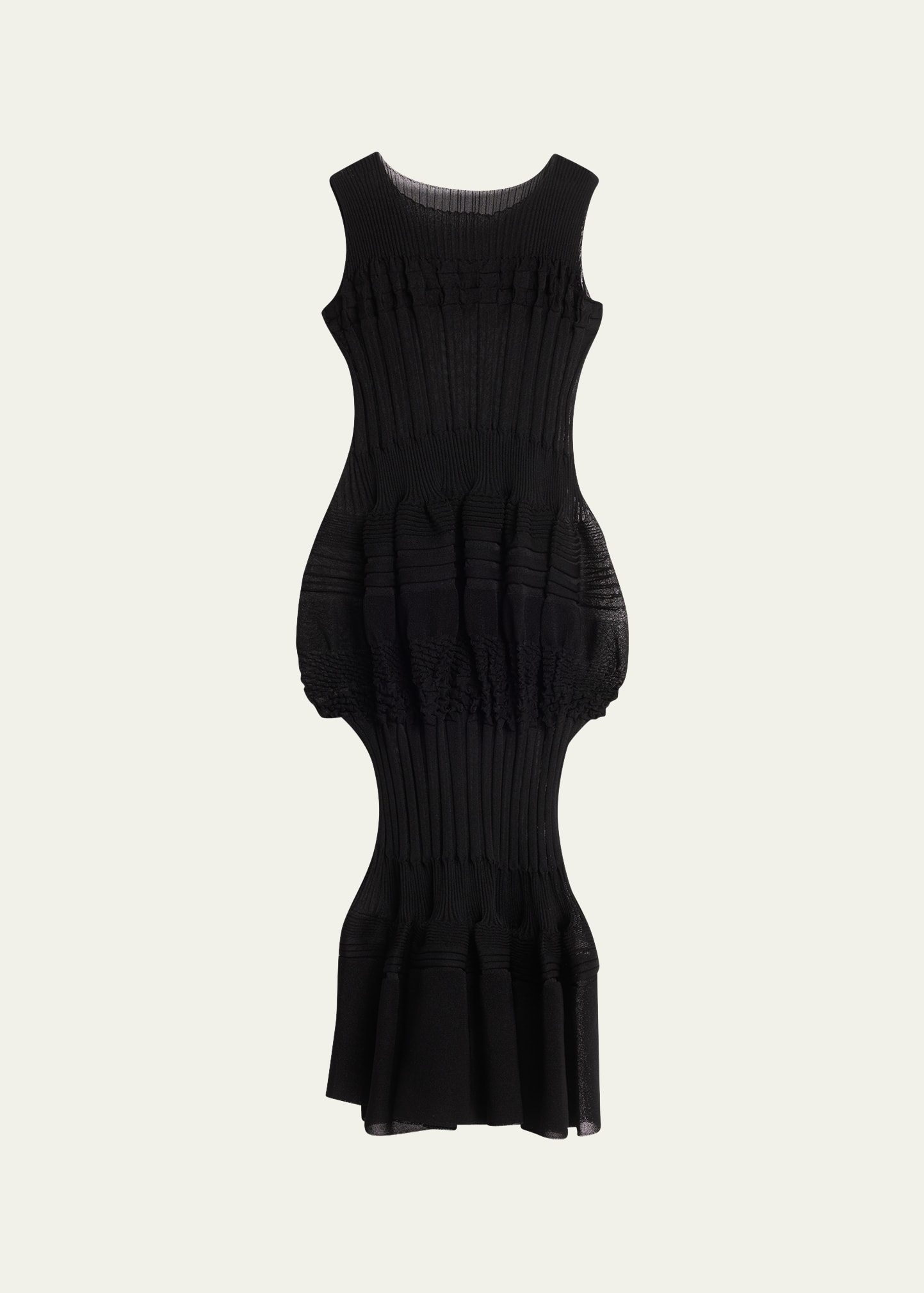 Issey Miyake Assemblage Sheer Tiered Pleated Knit Midi Dress