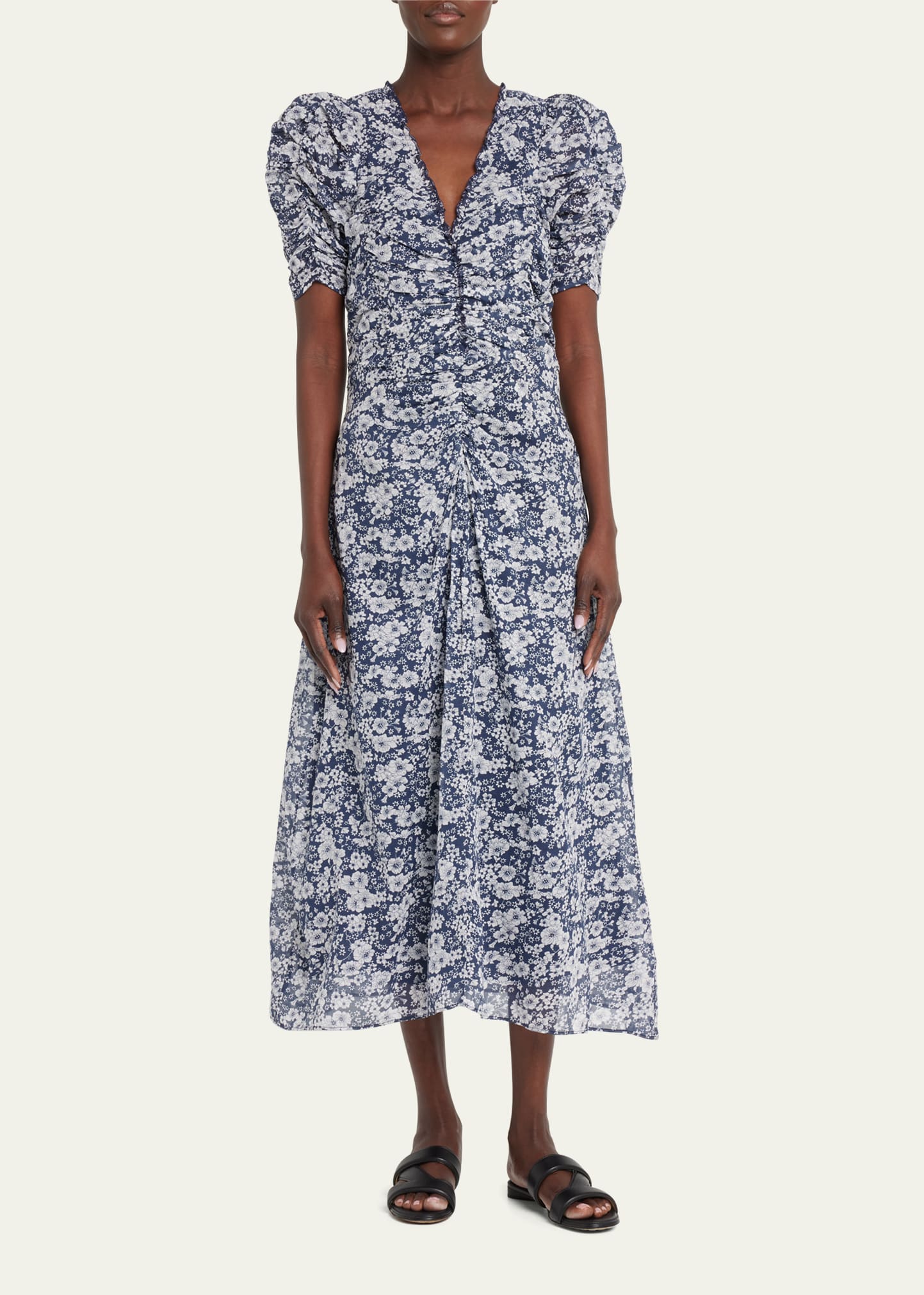 knee length dresses for ladies Zara Blue White Floral Plunge V-Neck 3/4 Balloon Sleeve Midi Maxi A-li   Brie