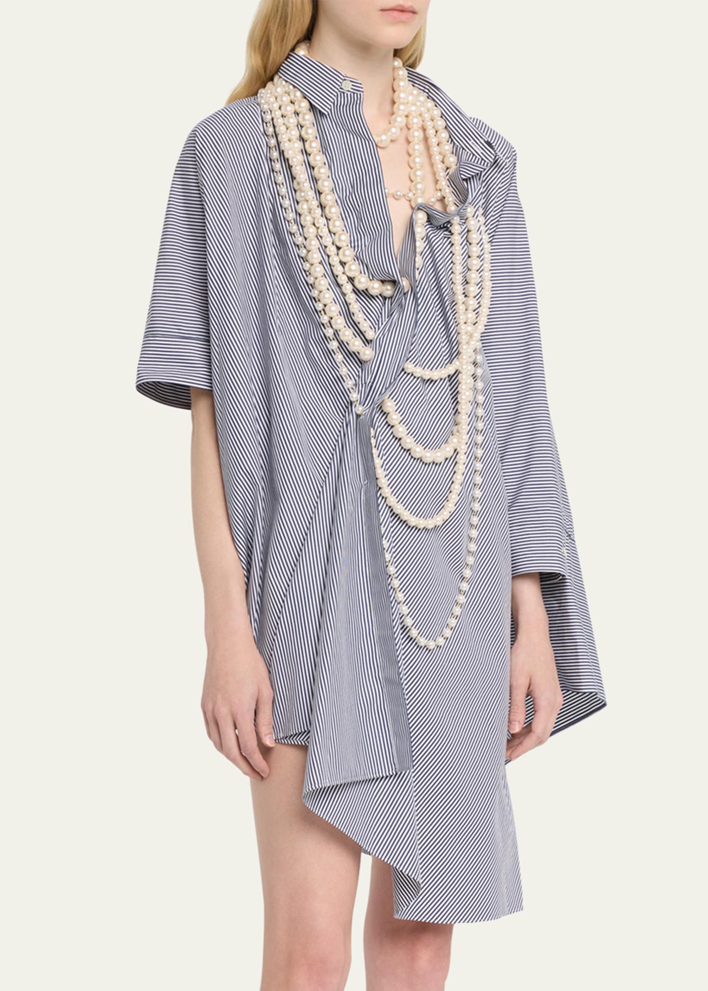 Junya Watanabe Stripe Pearl Necklace Asymmetric Cape Shirtdress