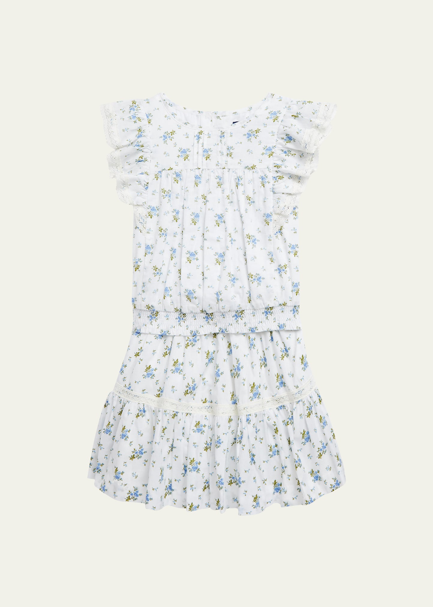 Ralph Lauren Childrenswear Girl's Floral-Print Lace Trim Top & Skirt Set,  Size 7-16