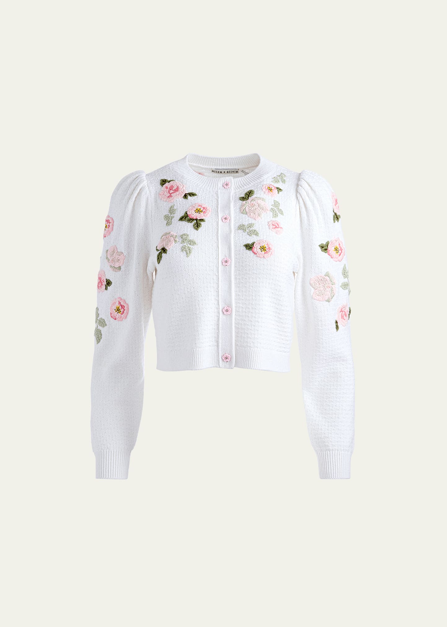 Alice + Olivia Kitty Floral-Embroidered Puff-Sleeve Cardigan