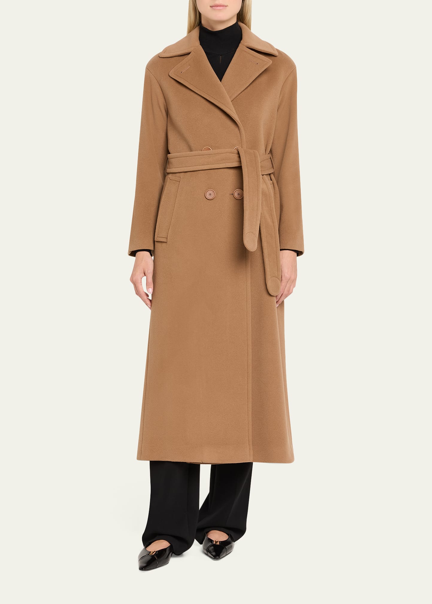Akris punto Long Double-Breast Belted Wool-Cashmere Coat