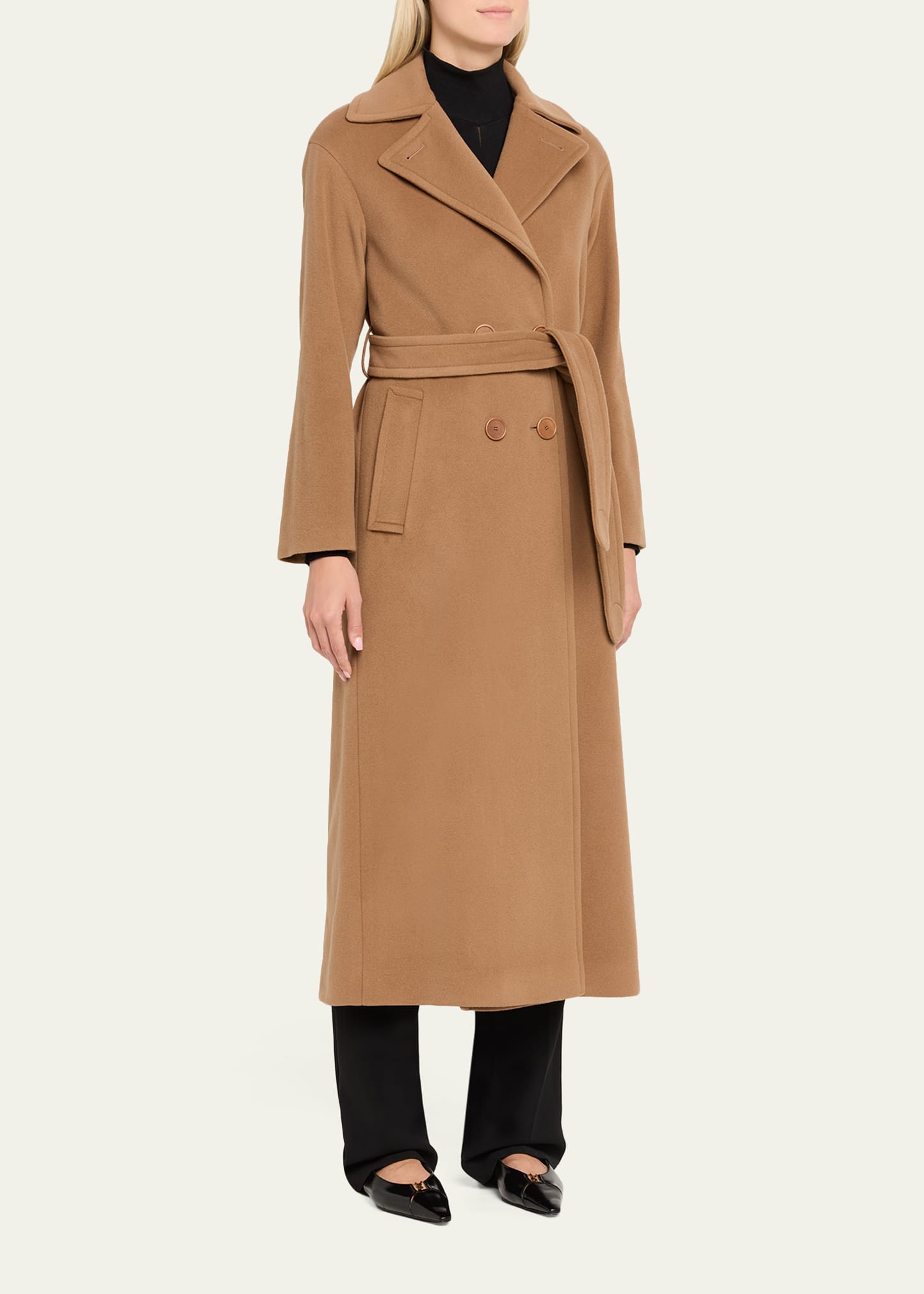 Akris punto Long Double-Breast Belted Wool-Cashmere Coat