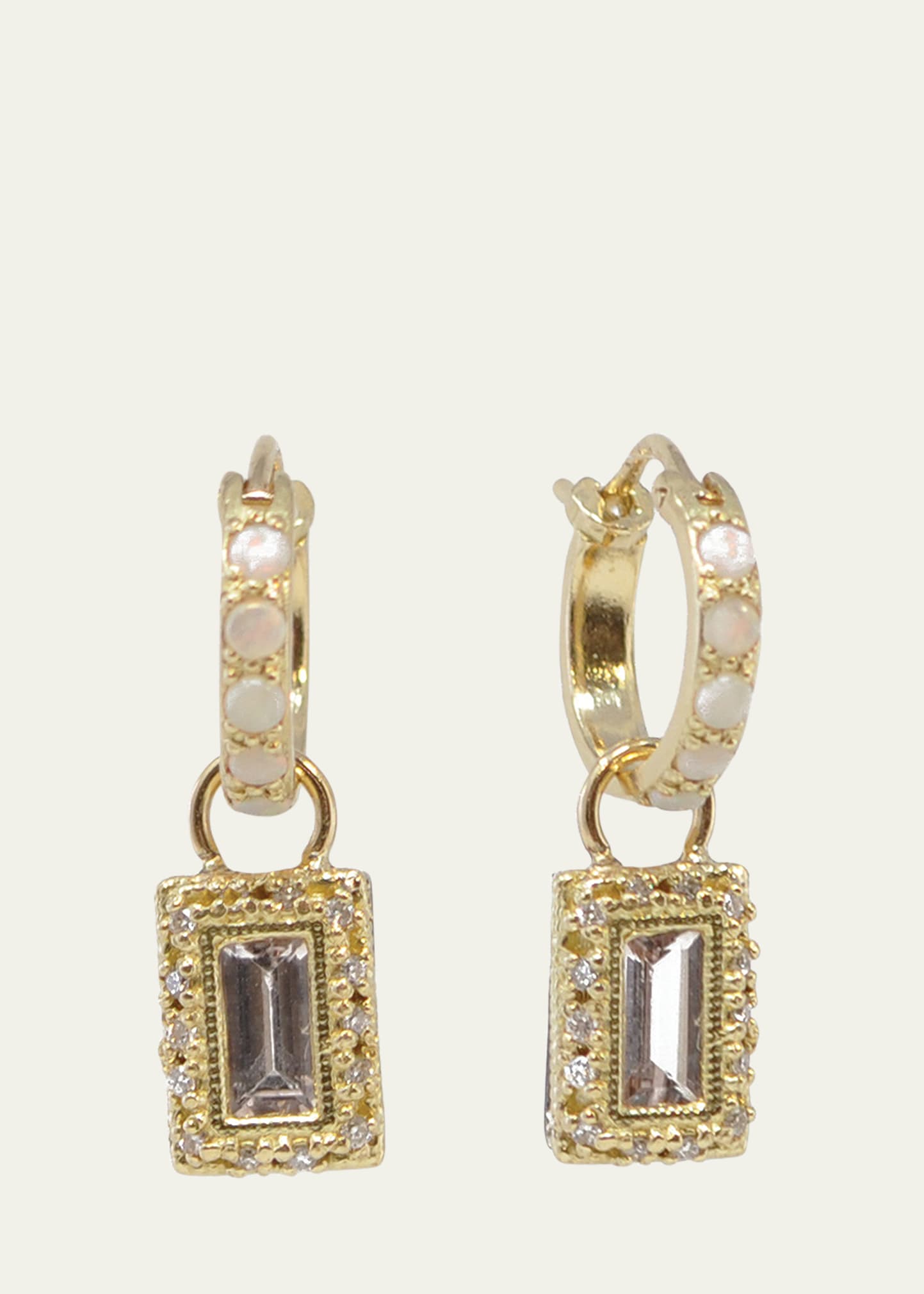 Armenta 18K Yellow Gold and Grey Sterling Silver Huggie Earrings with White Opals, White Diamonds and Morganite Baguettes