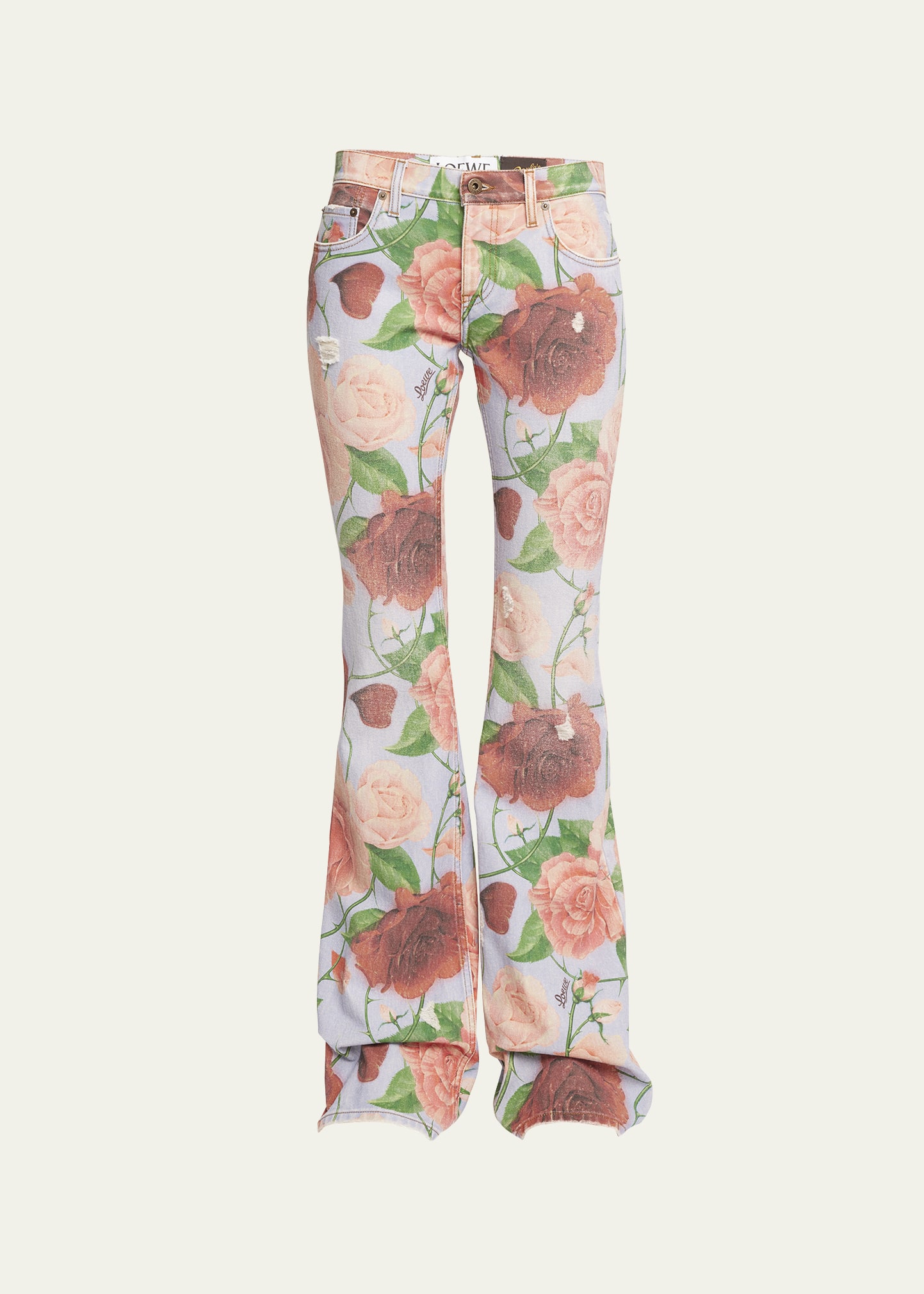 Loewe Rose-Print Distressed Flare Denim Pants - Bergdorf Goodman