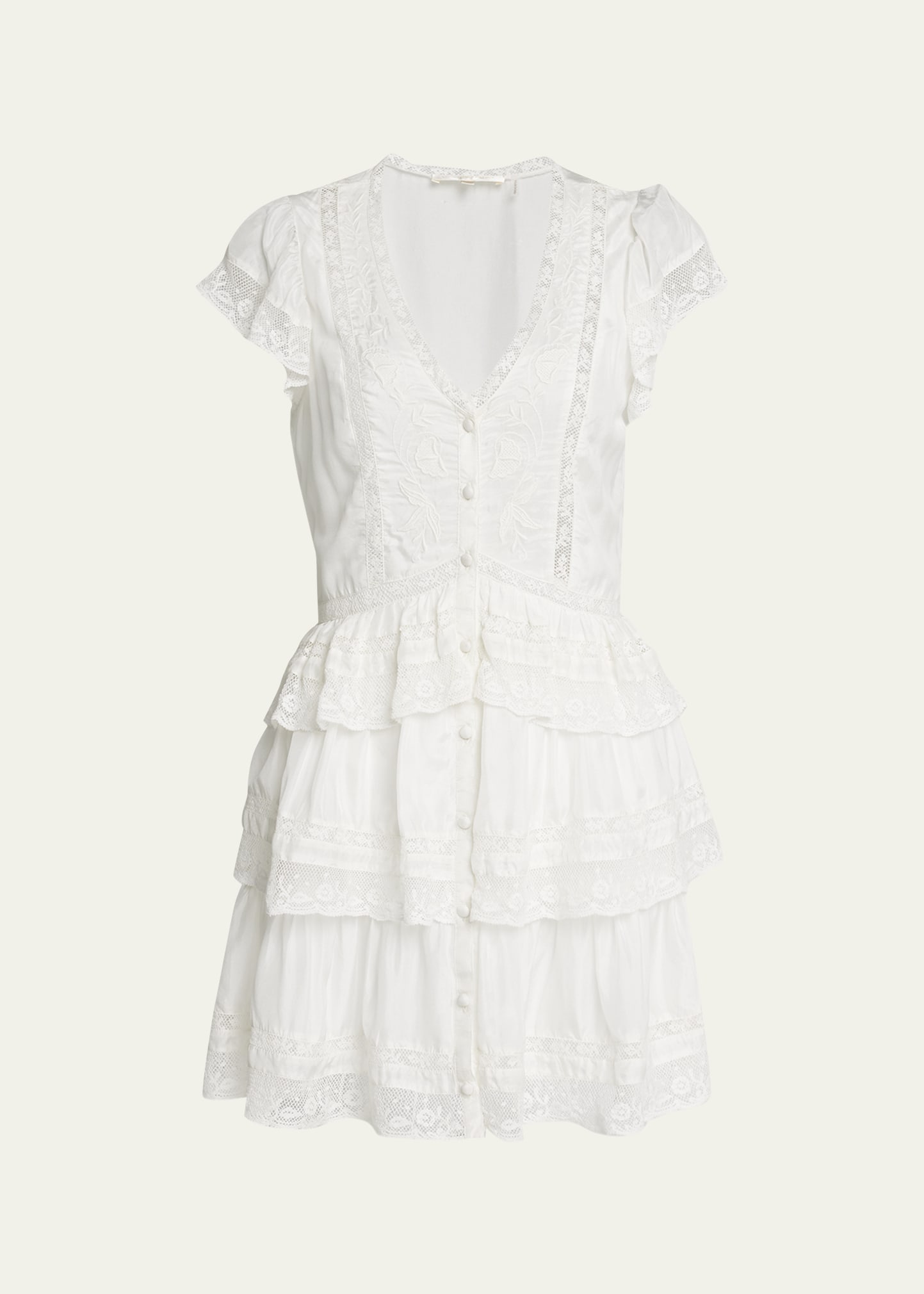 Kindler Embroidered Silk Lace Tiered Mini Dress