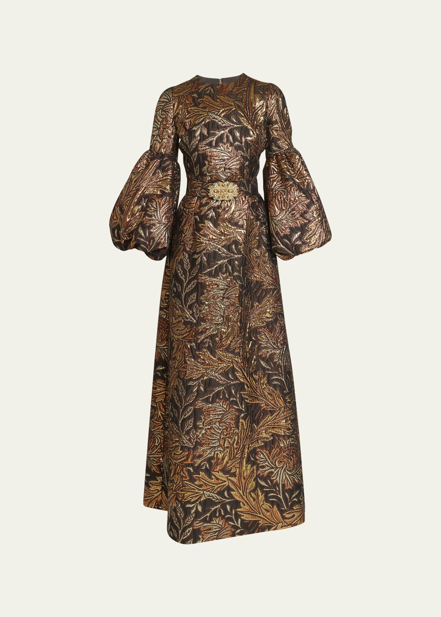 Andrew Gn Leaf Brocade Puff-Sleeve Belted Gown - Bergdorf Goodman