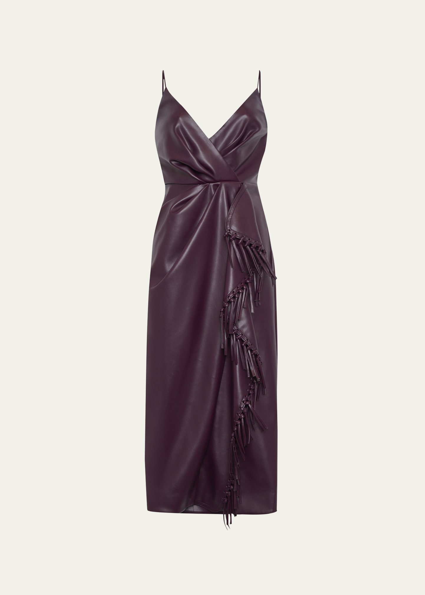 SIMKHAI Carlee Vegan Leather Fringe Faux-Wrap Midi Dress