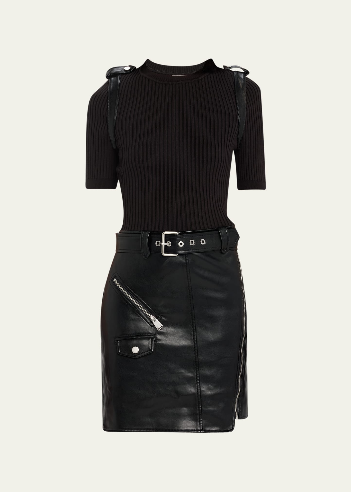 SIMKHAI Anisa Belted Vegan Leather & Knit Combo Mini Dress - Bergdorf  Goodman