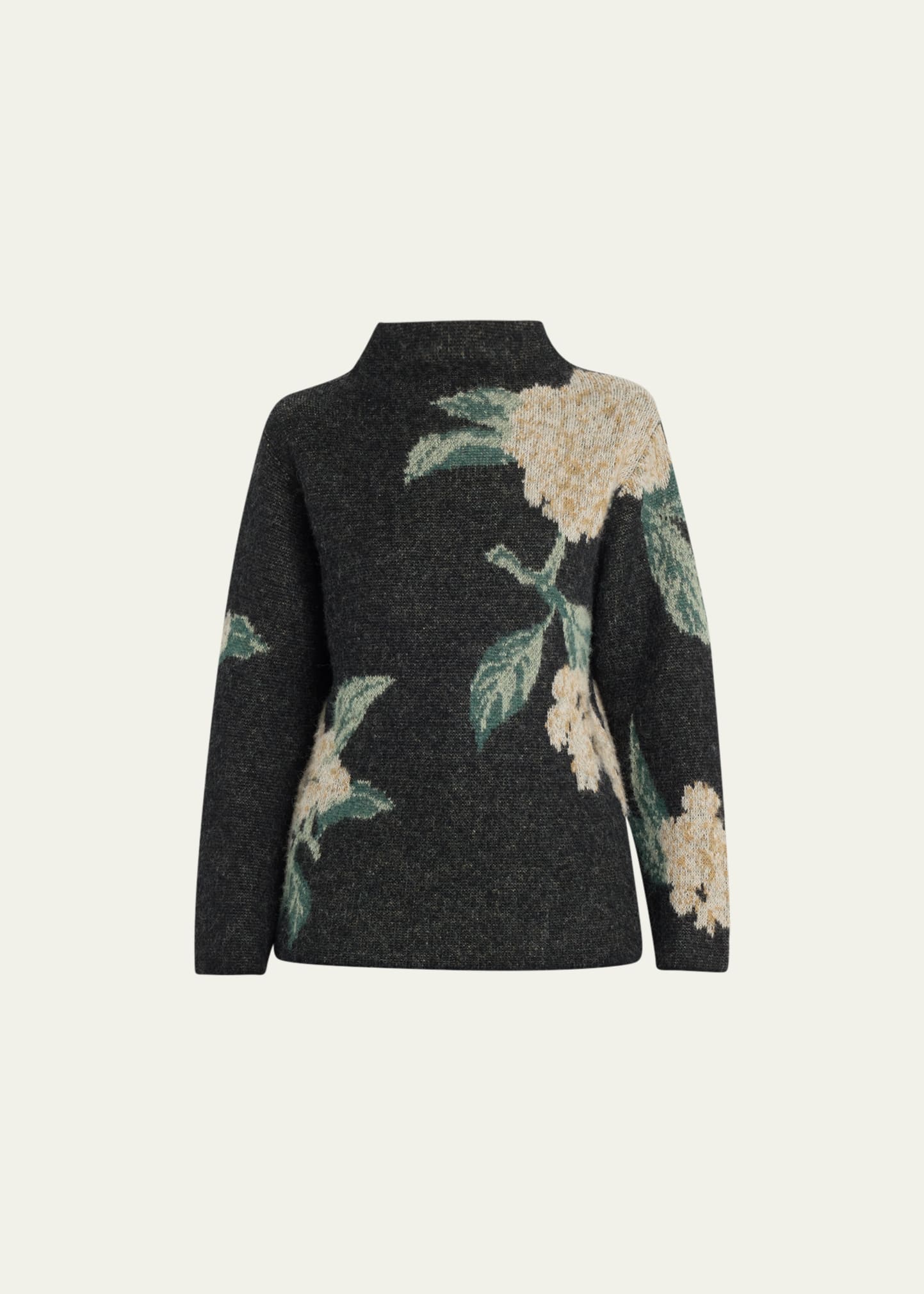 Brushed Floral Jacquard Funnel-Neck Sweater