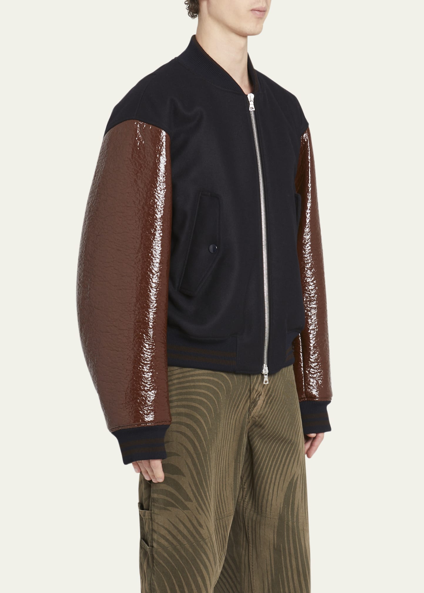 Dries Van Noten Men's Wool Pleather Verso Tris Varsity Jacket