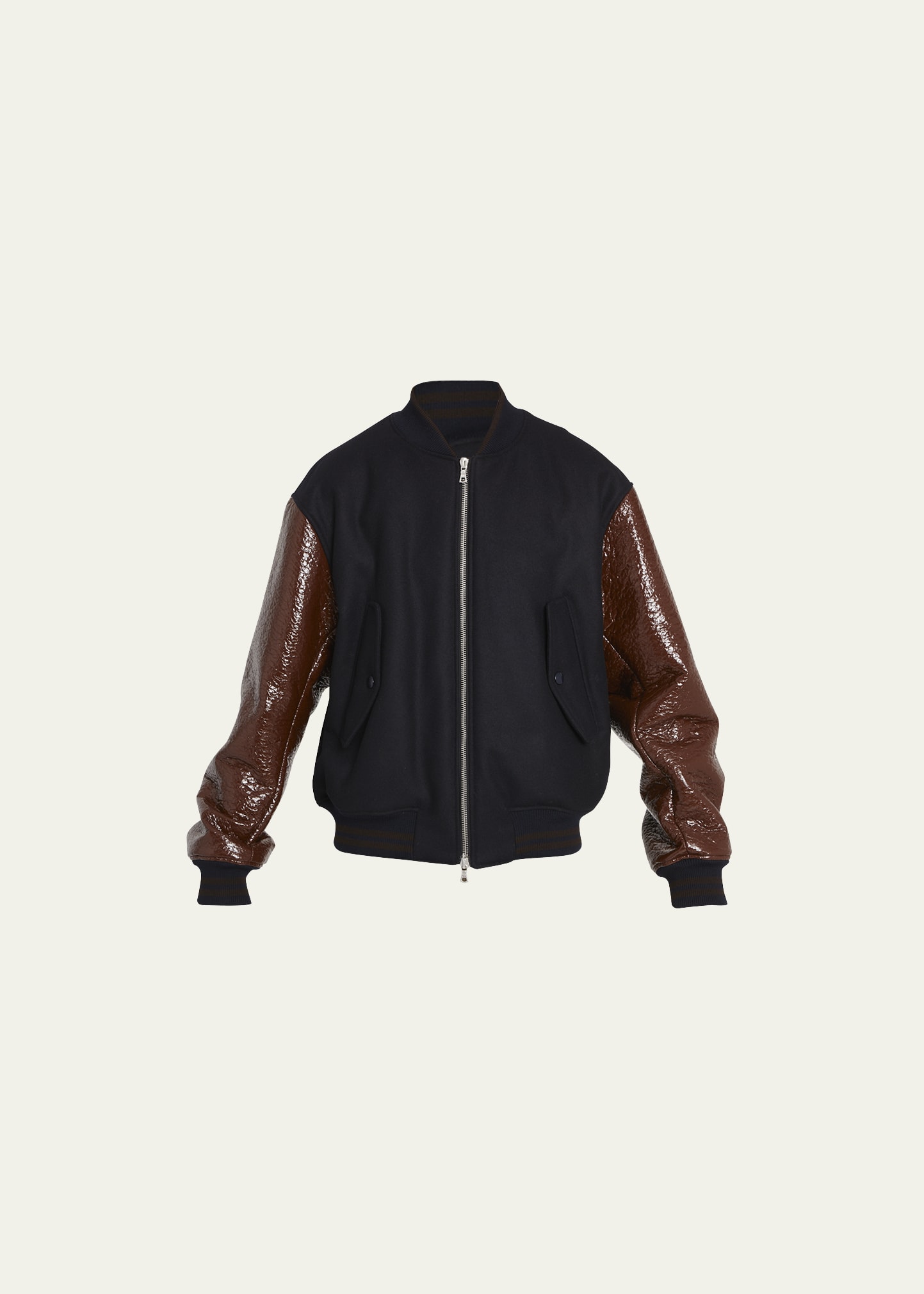 Dries Van Noten Men's Wool Pleather Verso Tris Varsity Jacket