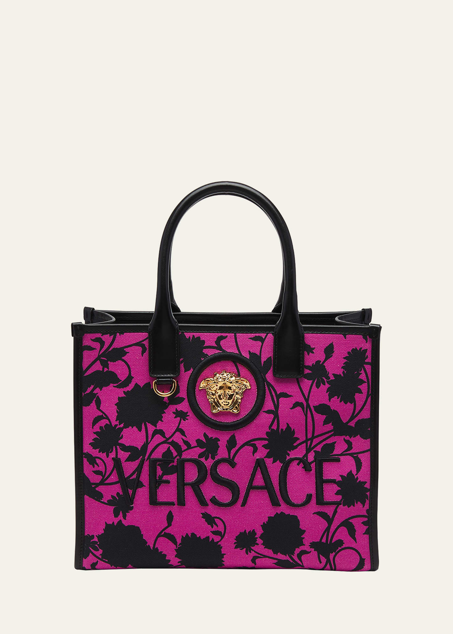 Versace Small La Medusa Floral Print Canvas Tote in Purple