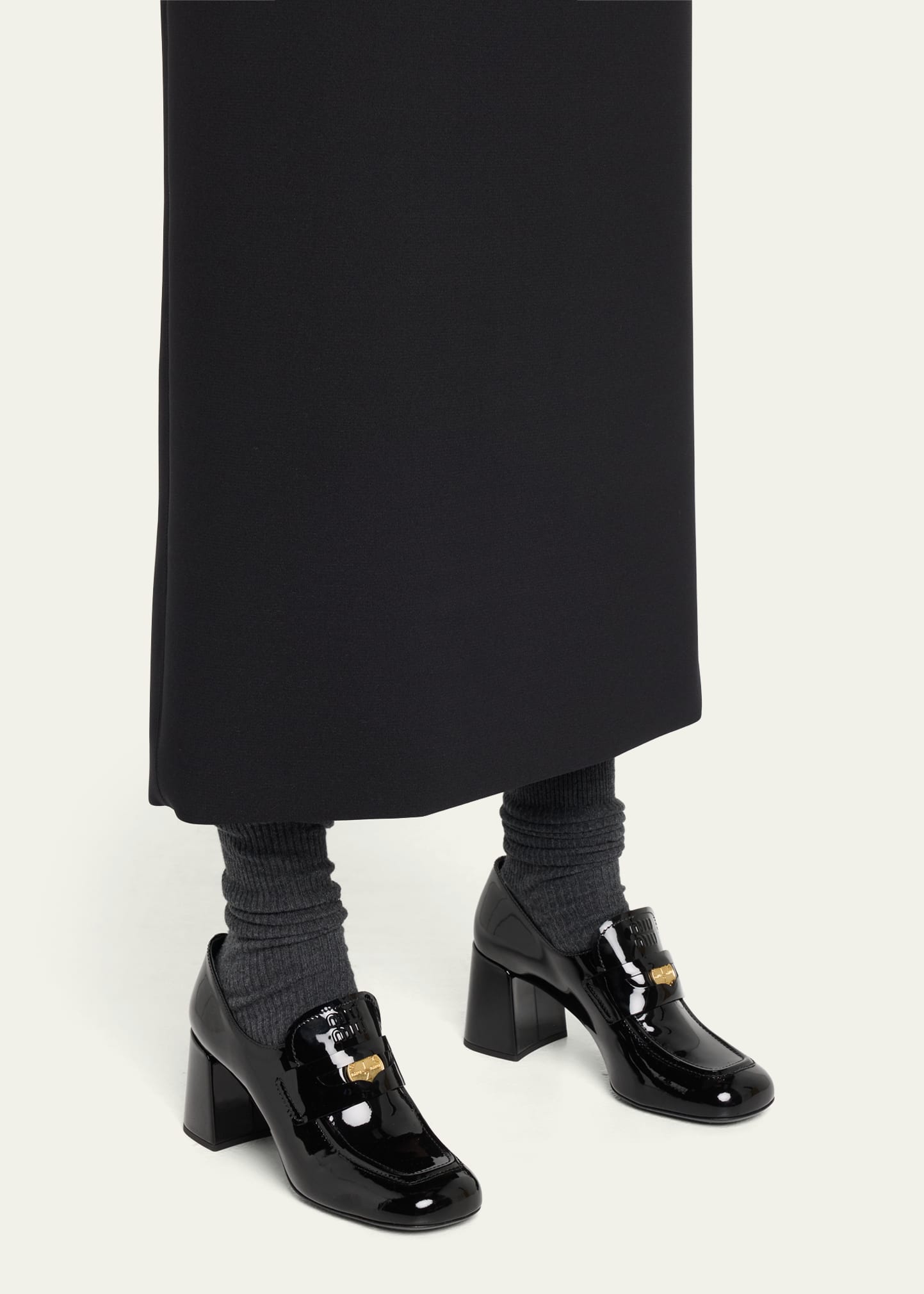 Miu Miu Black Patent Mocassini Block Heel Penny Loafer Shoe