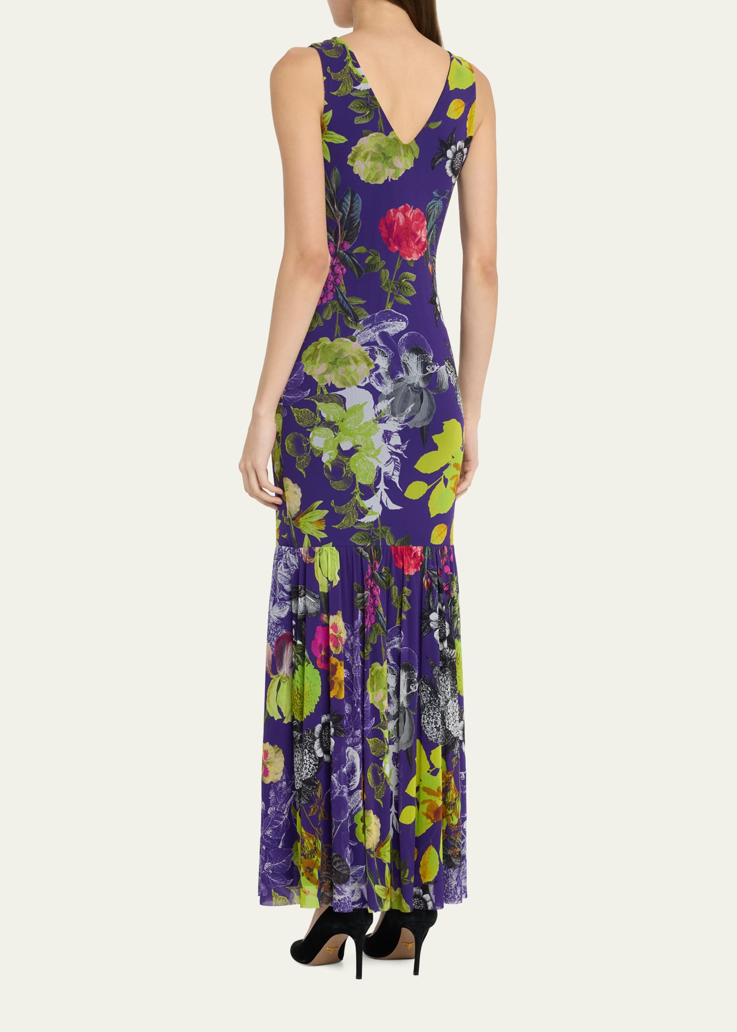 Fuzzi Sleeveless Floral Print Tulle Maxi Dress