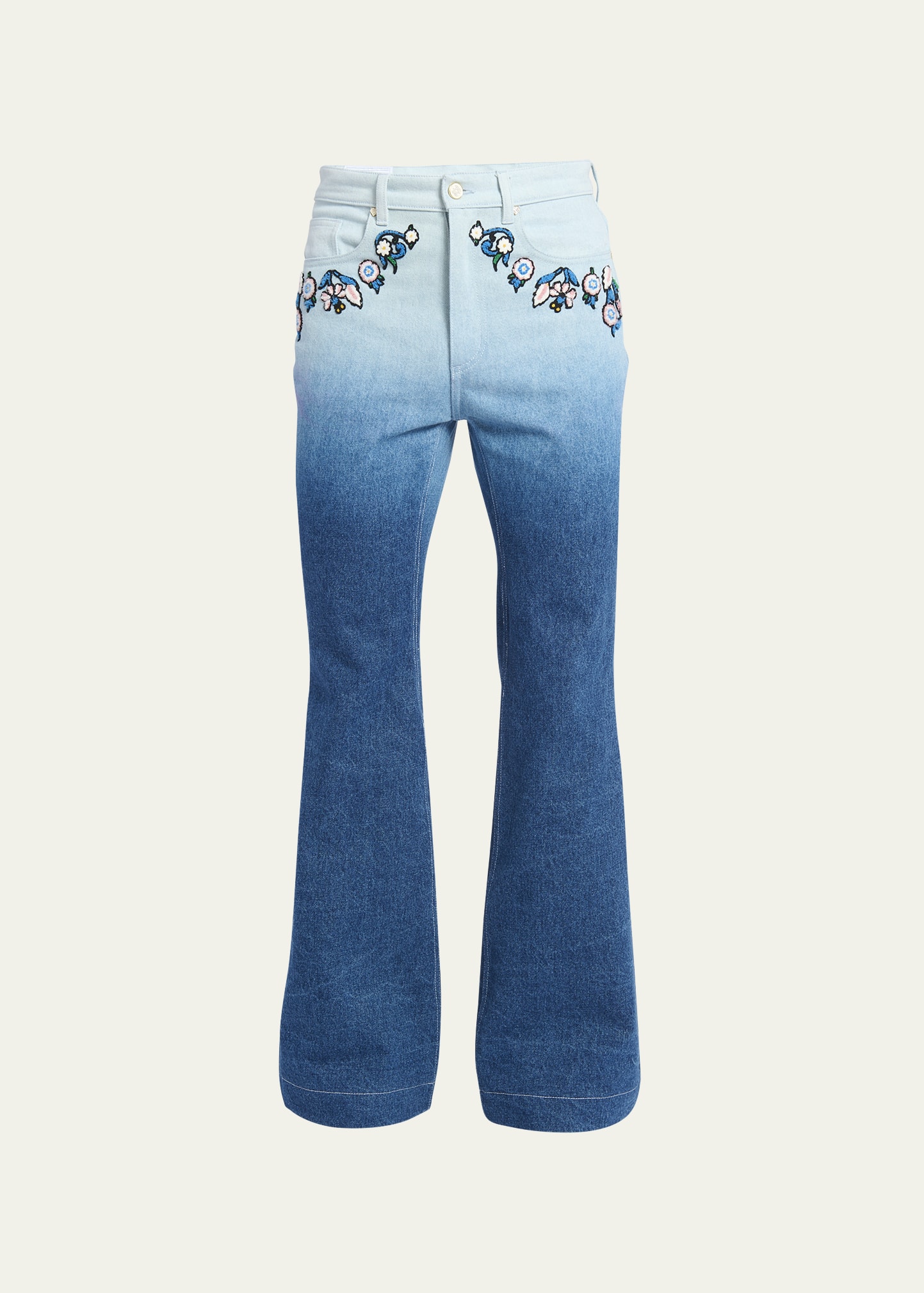 Women Floral Embroidery Stylish Casual Bell-Bottom Jeans With Pockets