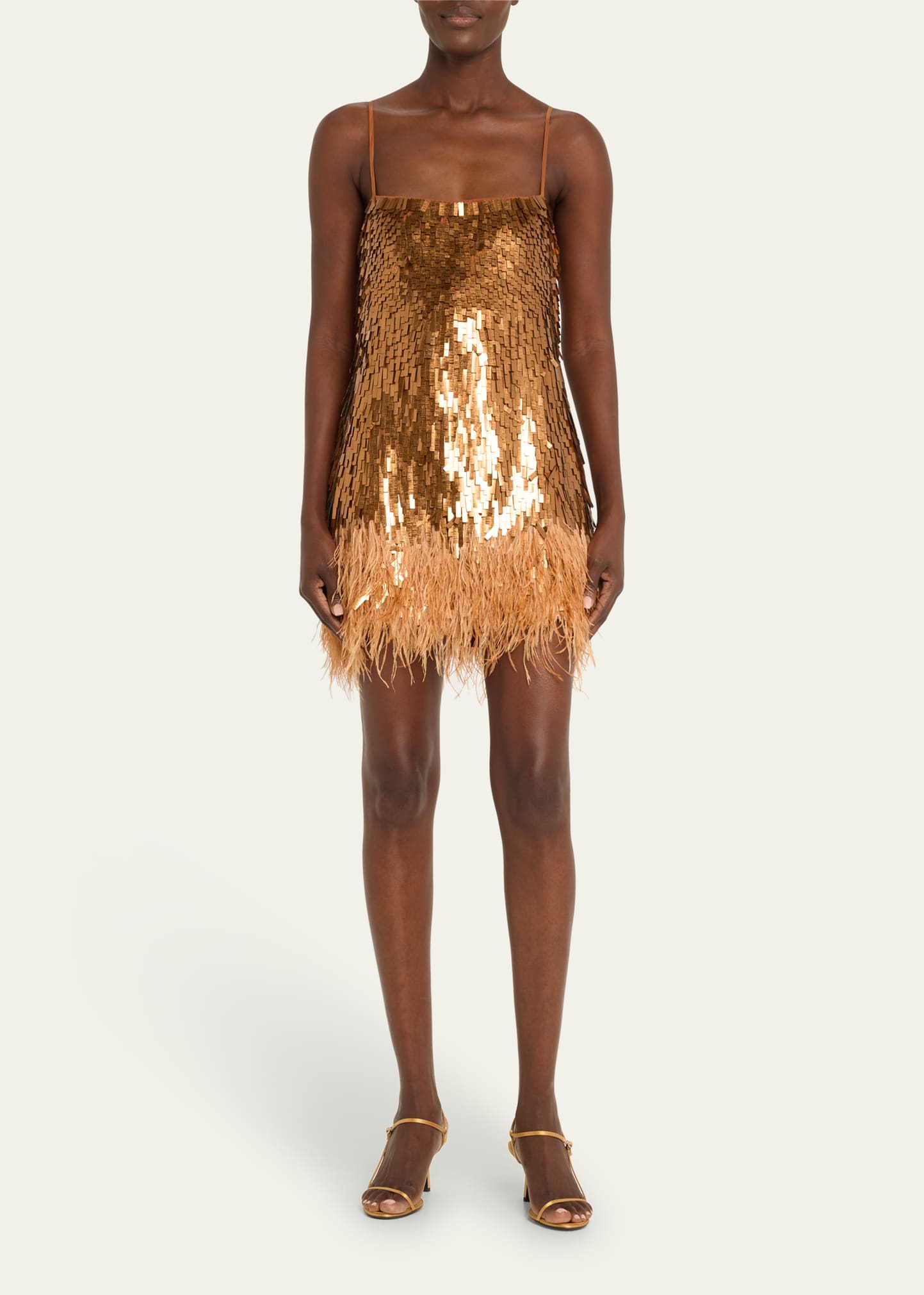 slim fit dress slacks Glitz & Glamour Gold Glitter Feather Mini Dress