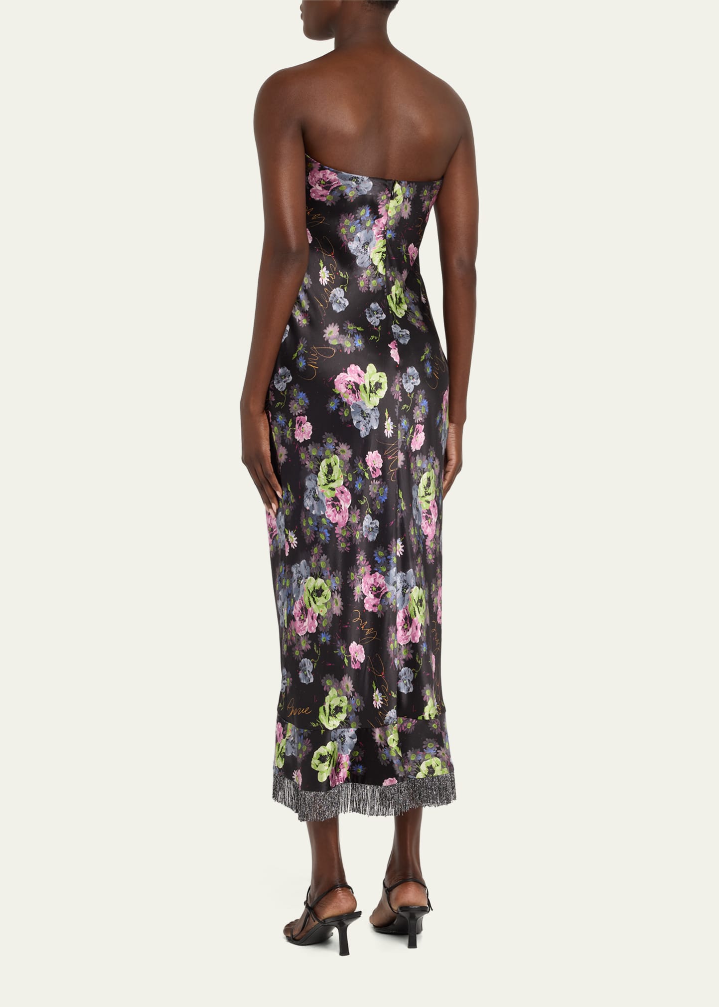 Elise Floral Strapless Fringe Trim Midi Dress