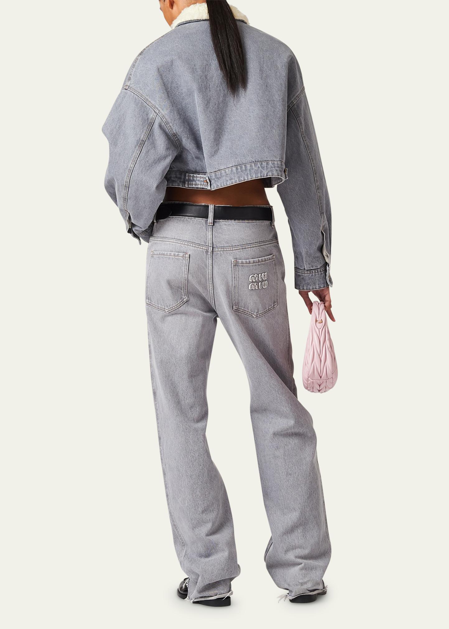 Miu Miu Logo-Embroidered Denim Oversized Jacket with Faux Fur