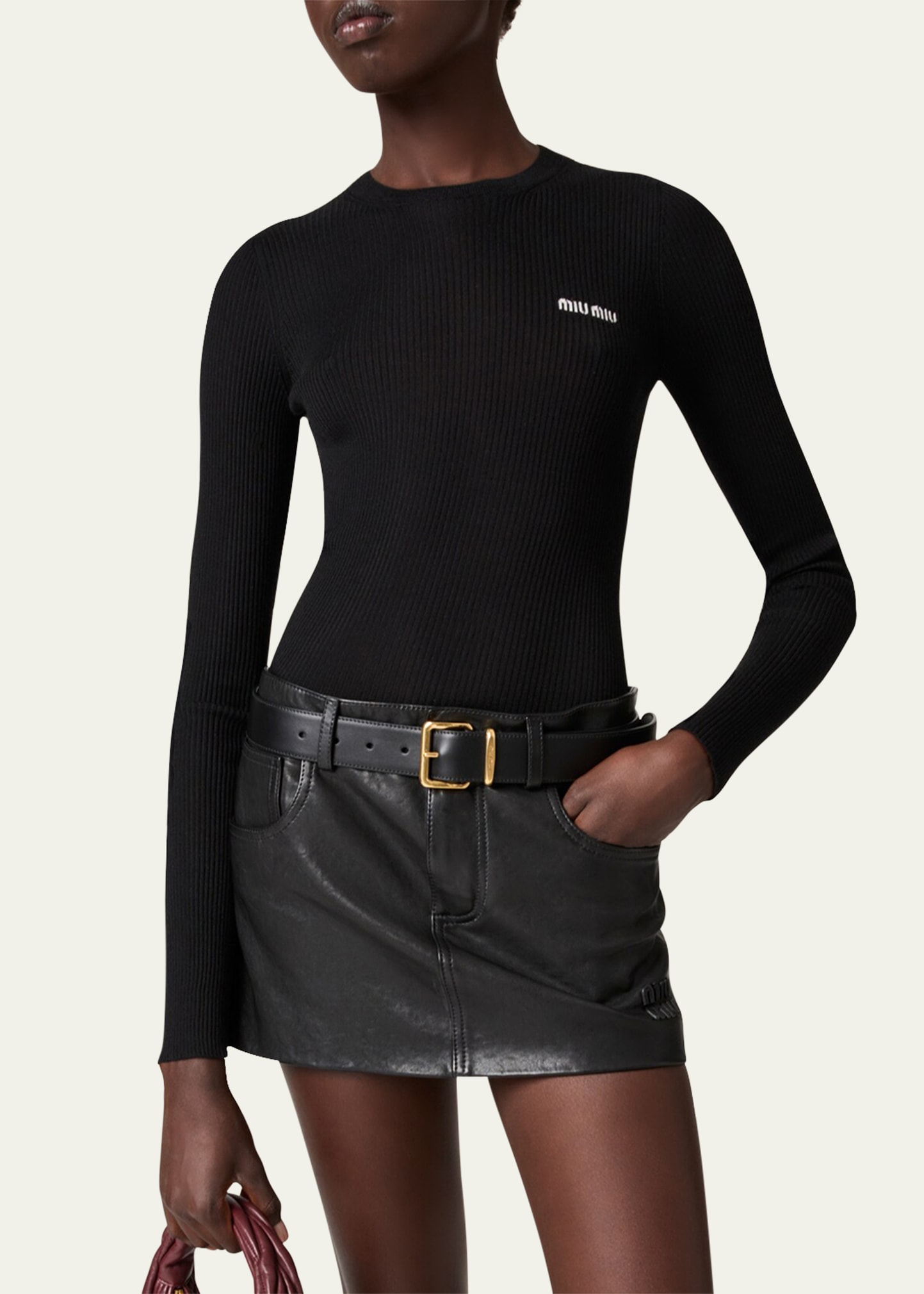 【関税&送料込】Miu Miu Black Stretch Cashmere Blend Mini Sk Miu Miu White Houndstooth Knitted Mini Skirt - Women's