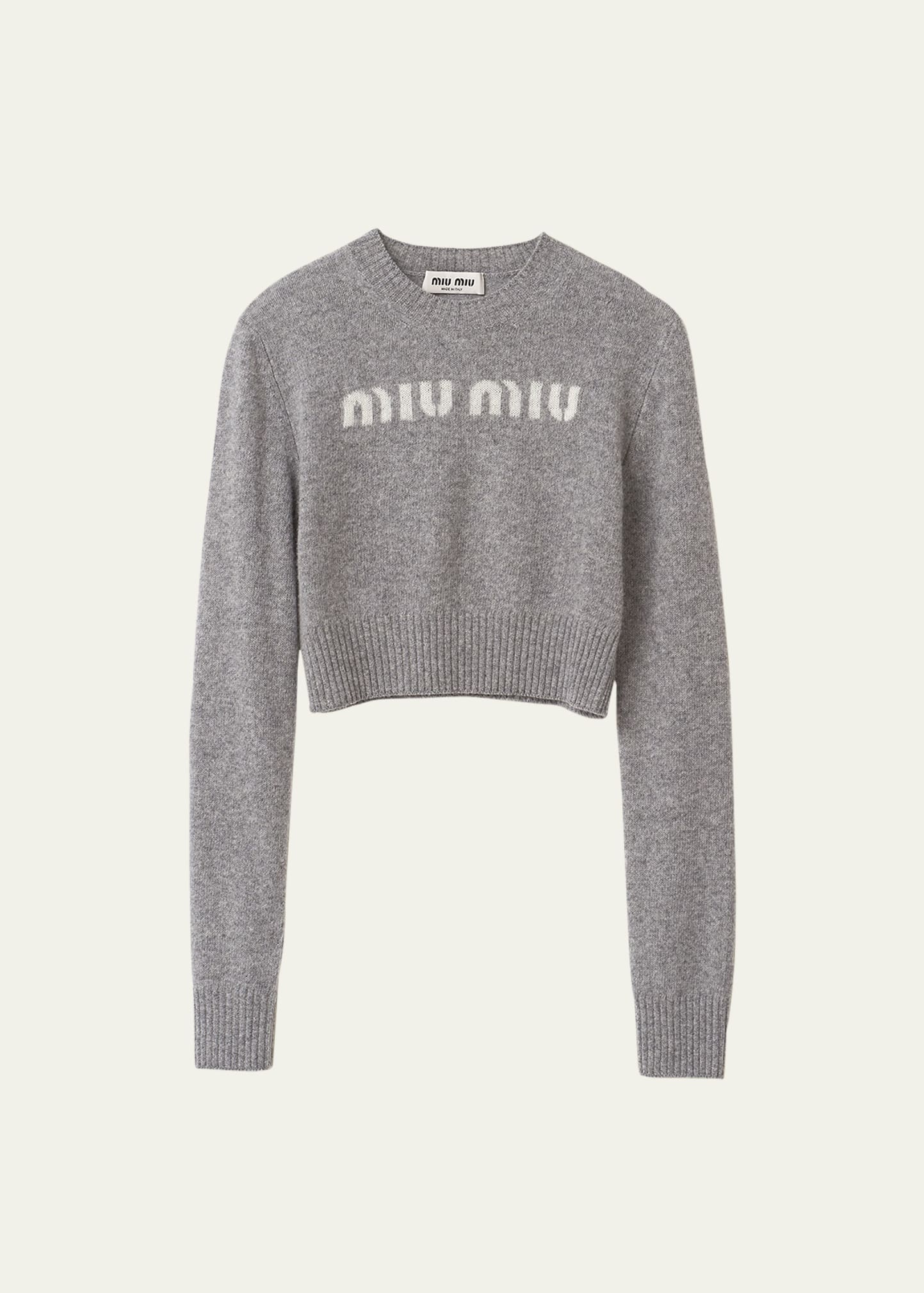 Miu Miu Logo Intarsia Cashmere Wool Crop Sweater - Bergdorf Goodman