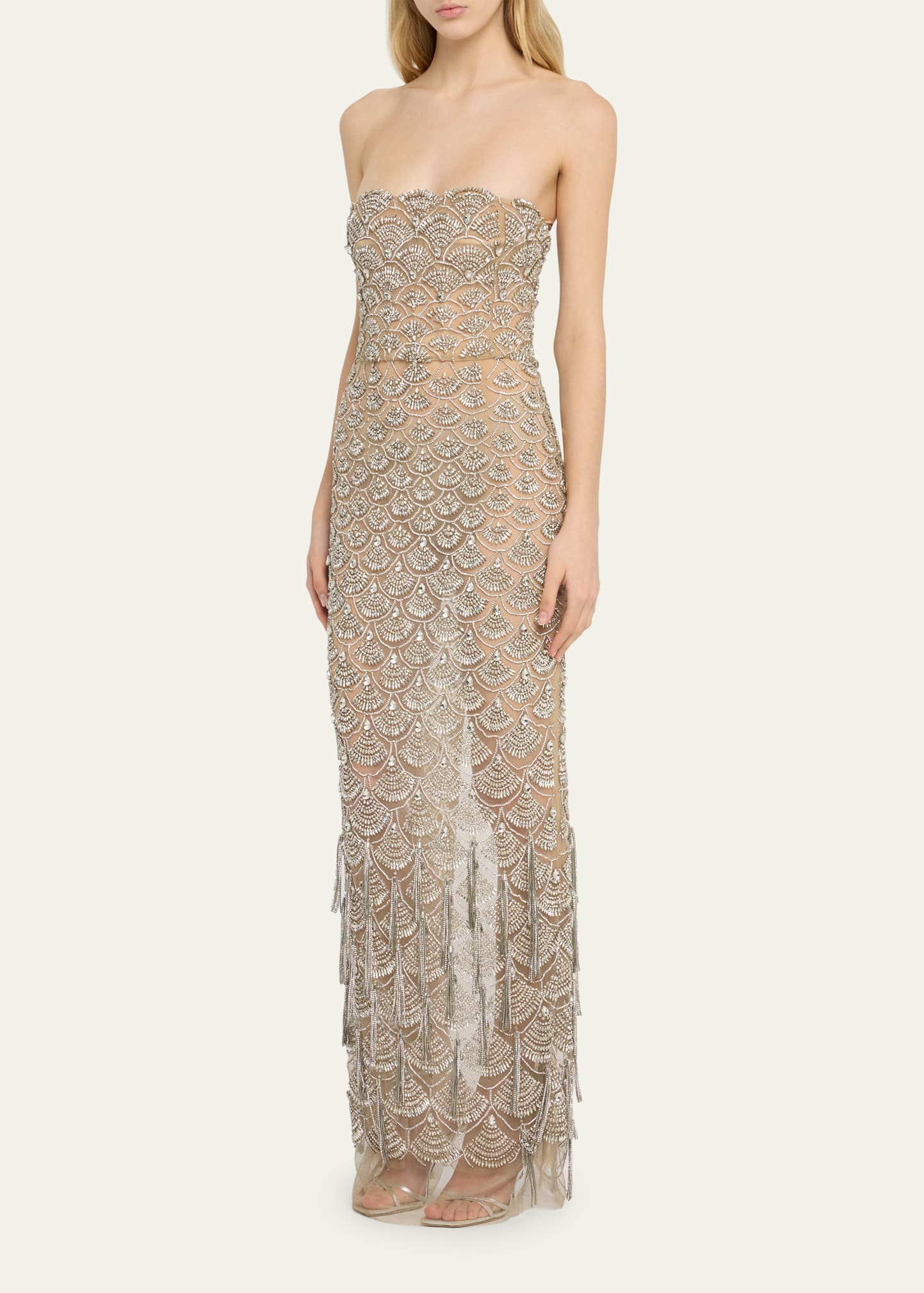 Oscar de la Renta Crystal Scallop Embellished Tea-Length Gown With Fringe -  Bergdorf Goodman