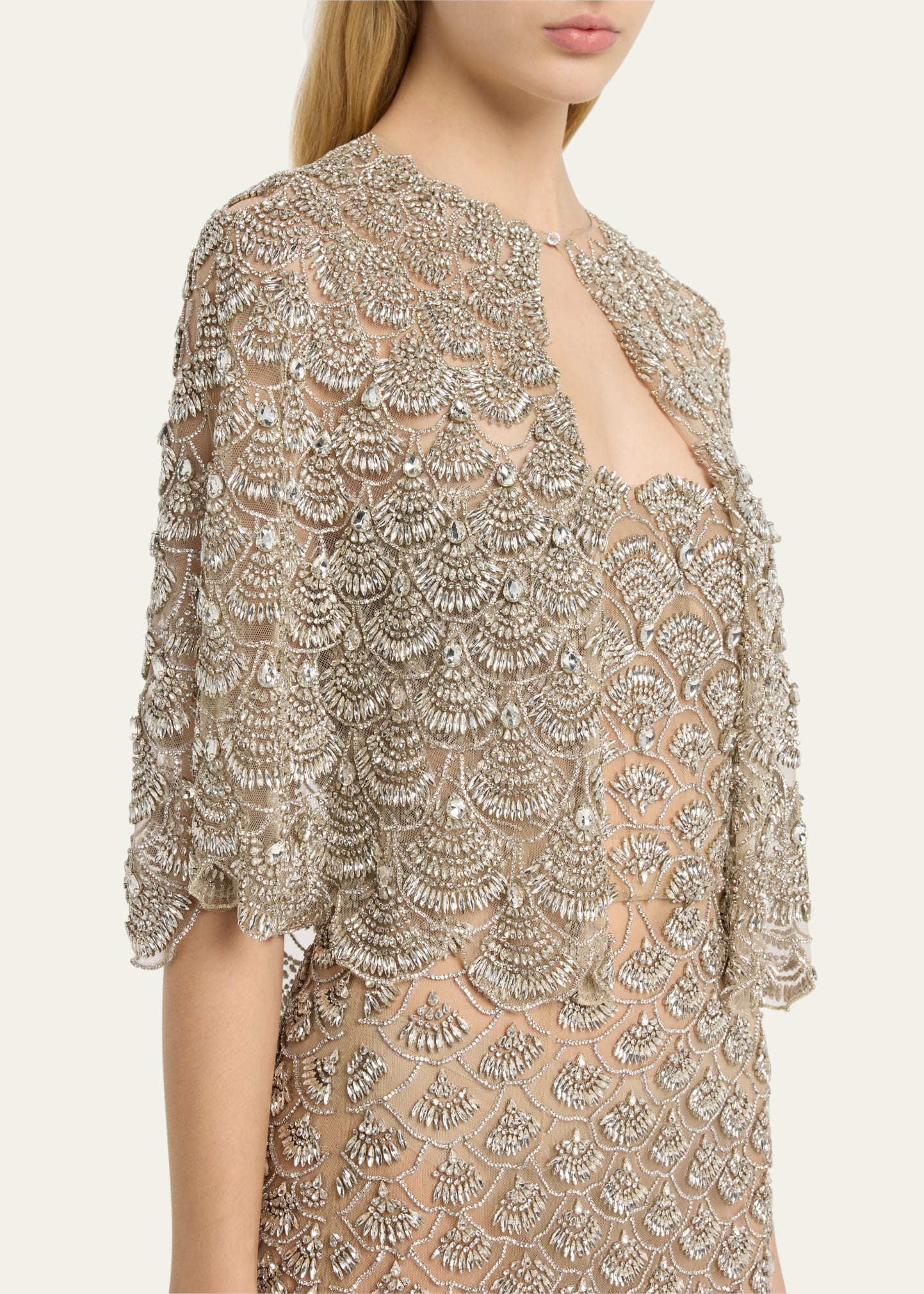 Oscar de la Renta Crystal Scallop Embellished Tea-Length Gown With Fringe -  Bergdorf Goodman