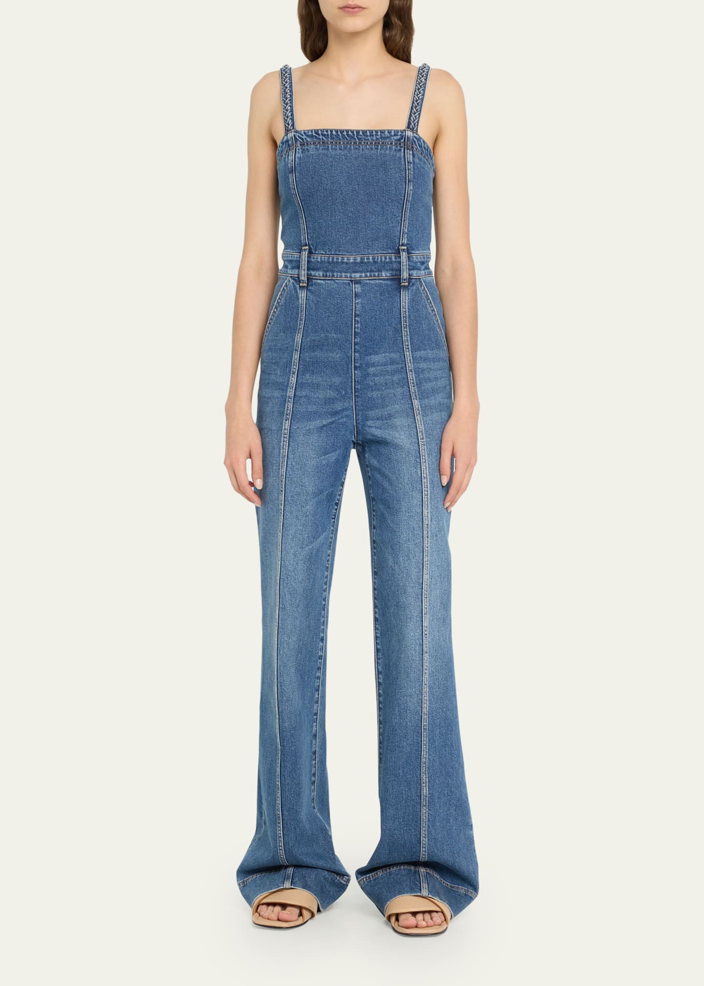 ALICE + OLIVIA Melody Braid-Strap Wide-Leg Denim Jumpsuit