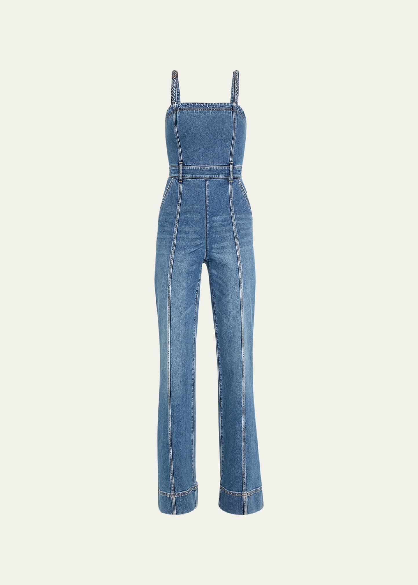 Alice + Olivia Melody Braid-Strap Wide-Leg Denim Jumpsuit