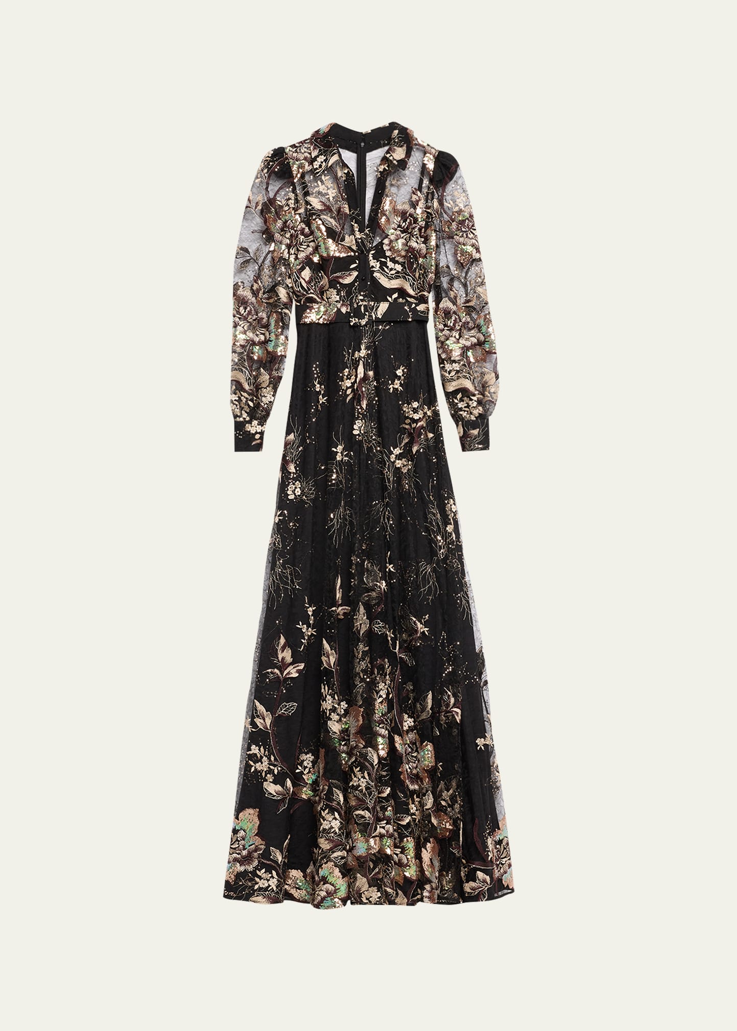 Badgley Mischka Collection Belted Embroidered Sequin Lace Shirt Gown -  Bergdorf Goodman