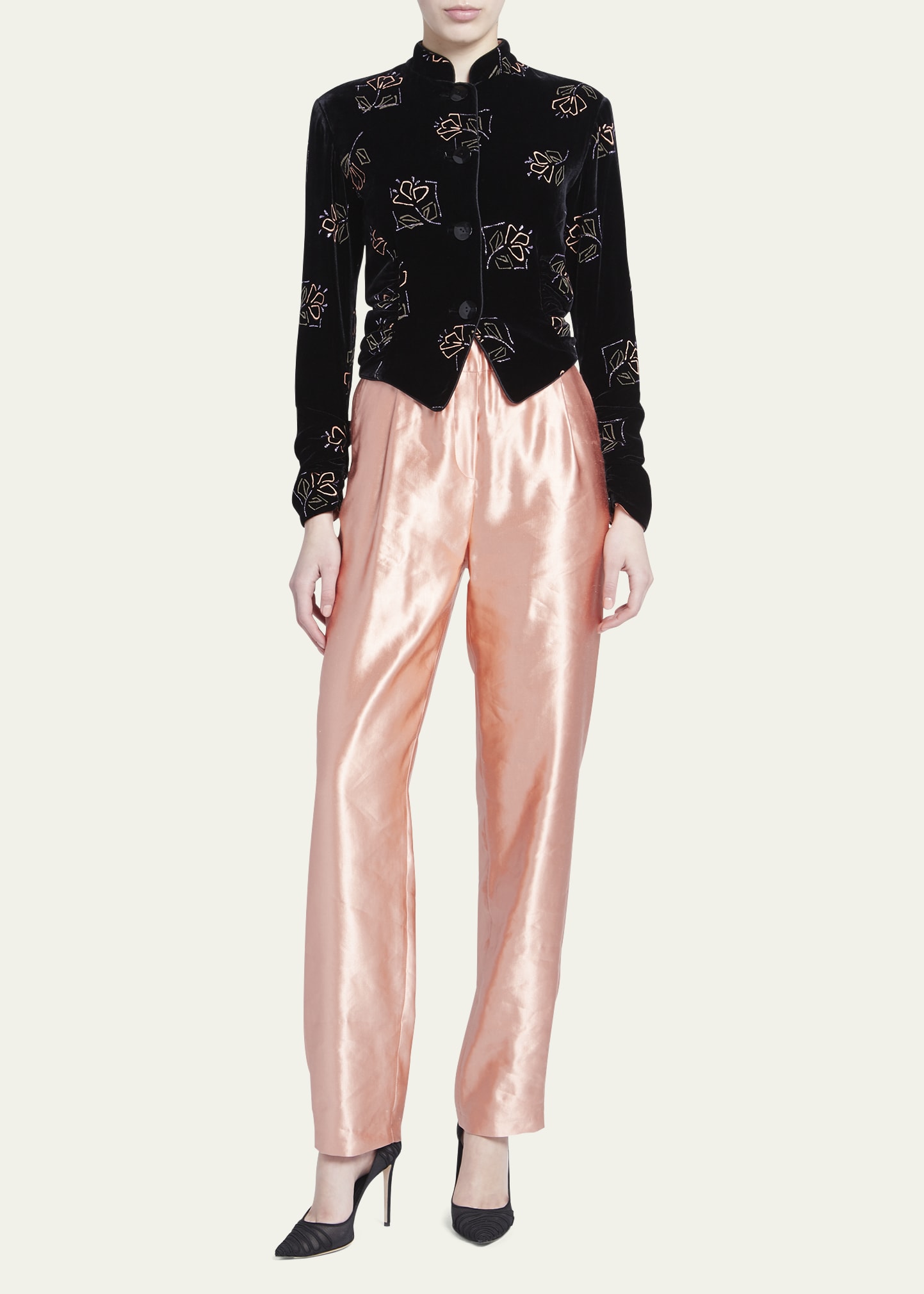 Giorgio Armani Floral Embroidered Velvet Single-Breasted Jacket