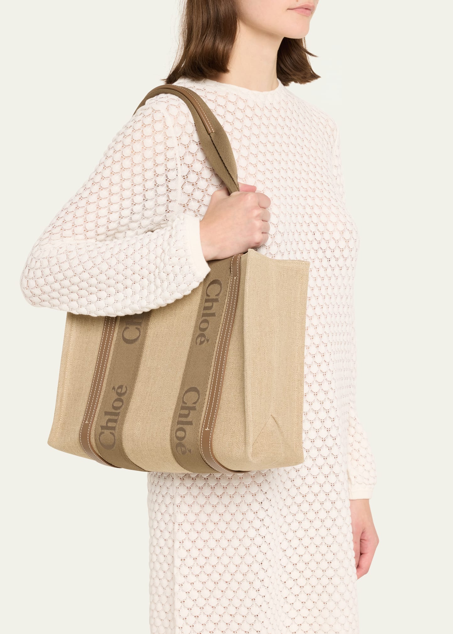 Chloe Woody Medium Tote Bag with Logo Webbing in Canvas - Bergdorf
