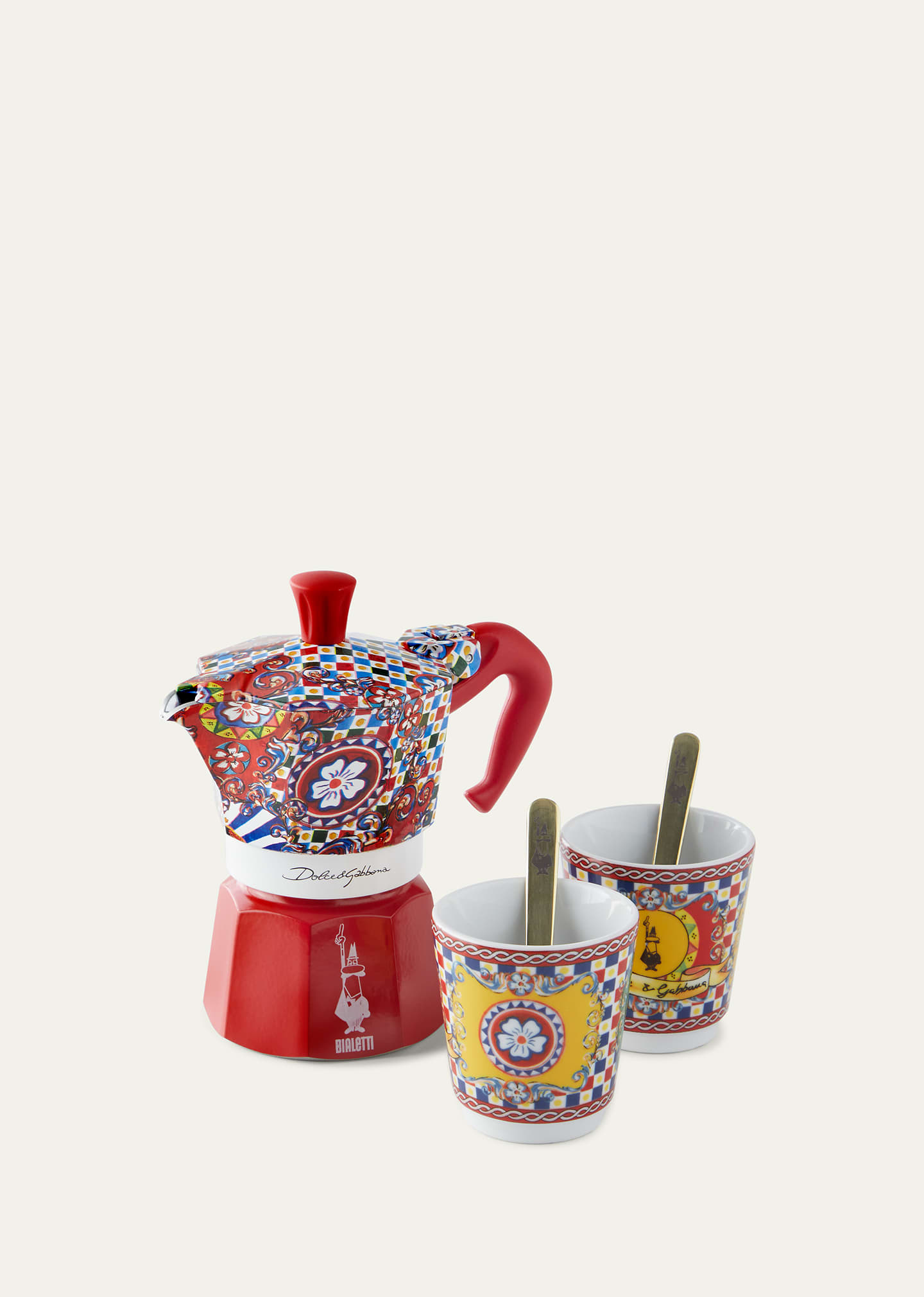 2 Cup Moka Pot With Porcelain Cups And Golden Stirrers
