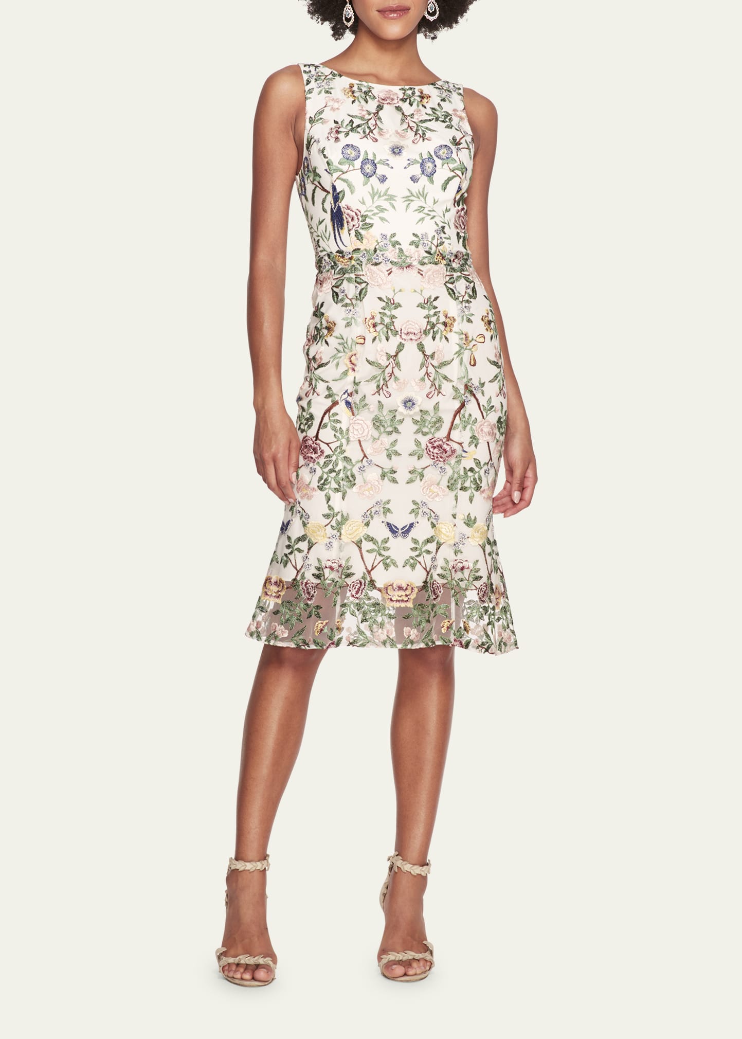 Marchesa Notte Sleeveless Floral-Embroidered Tulle Midi Dress