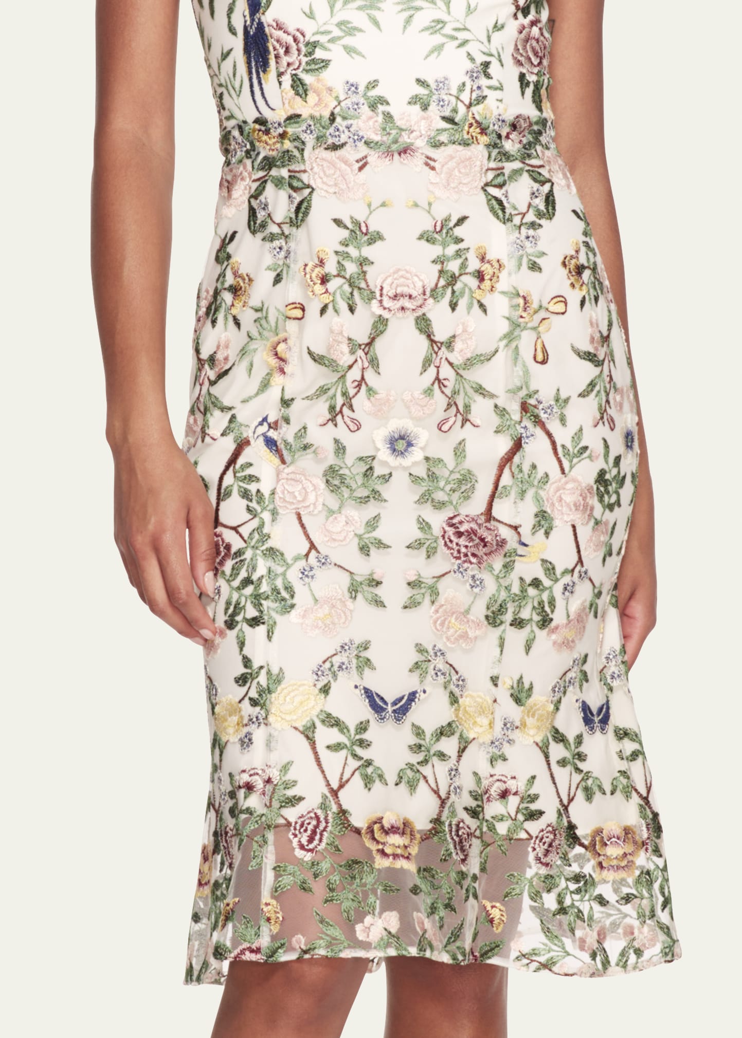 Marchesa Notte Sleeveless Floral-Embroidered Tulle Midi Dress