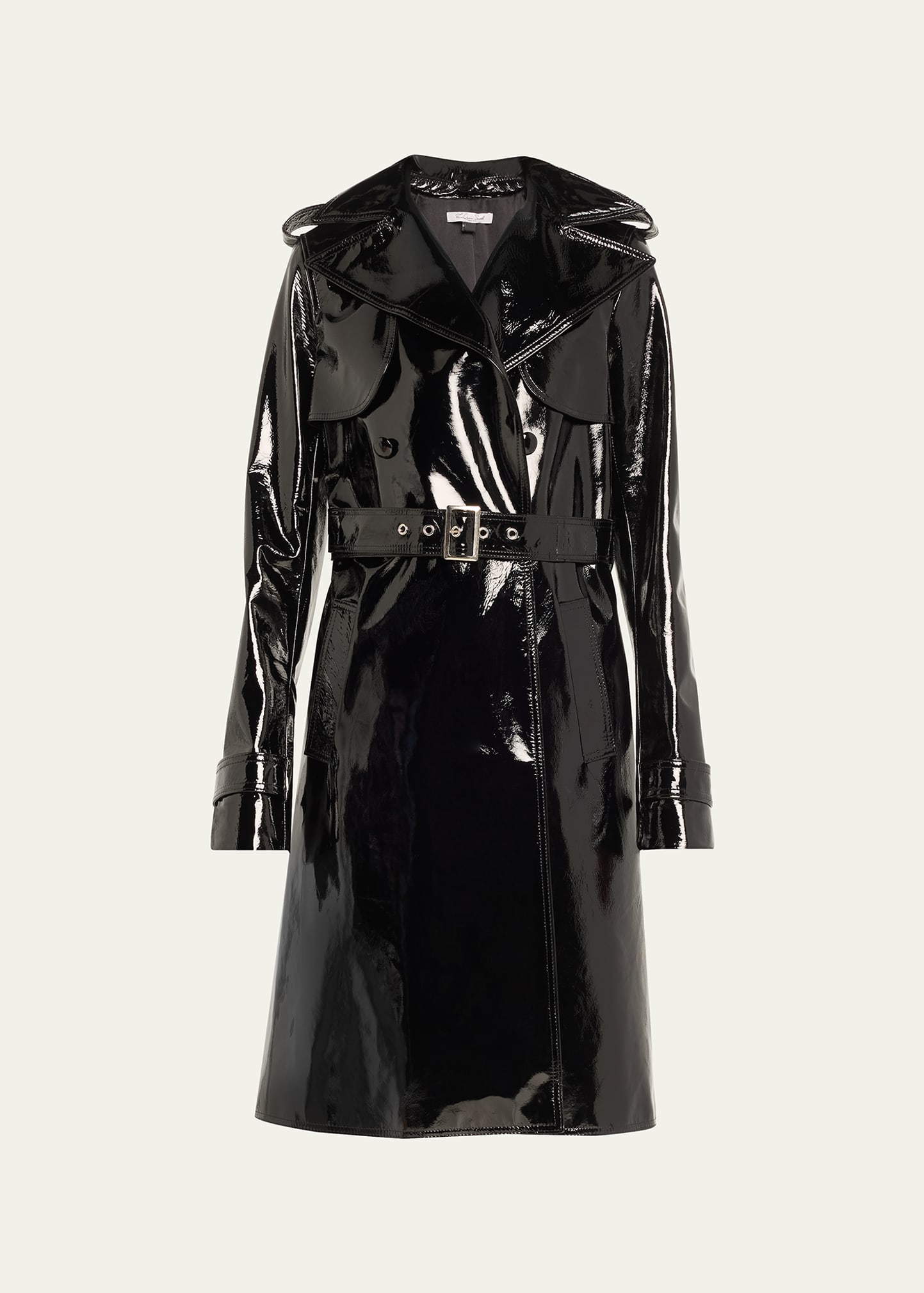 Black patent trench store coat