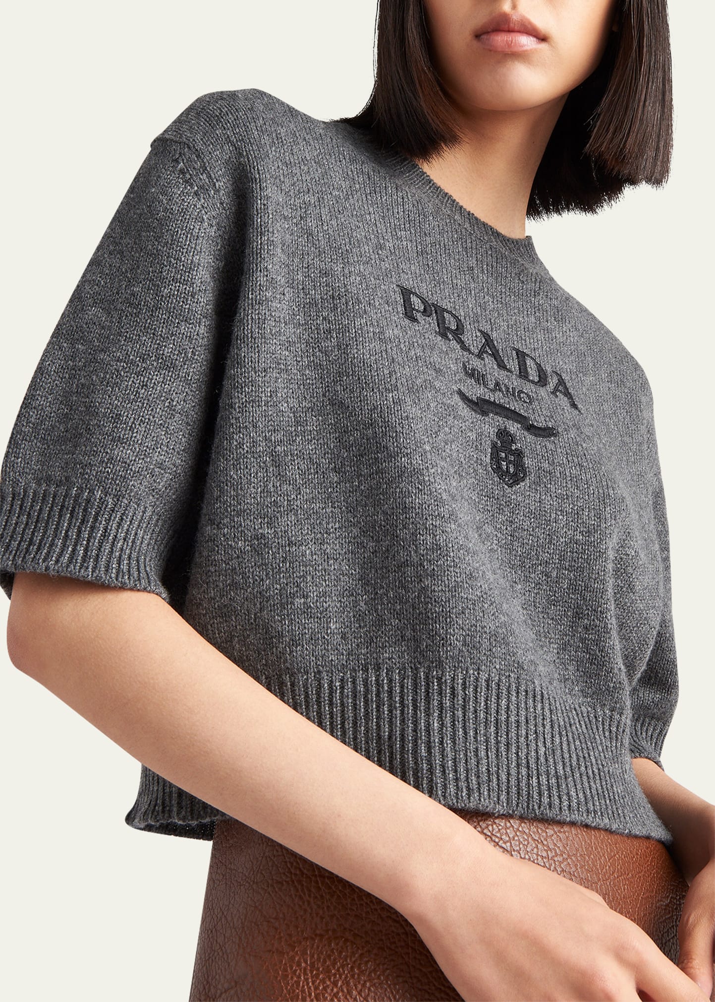 ✨PRADAカシミア100%革製エルボーパッチのお洒落なセーターお値下げしました Prada Logo Cashmere Wool Shirt - Bergdorf Goodman