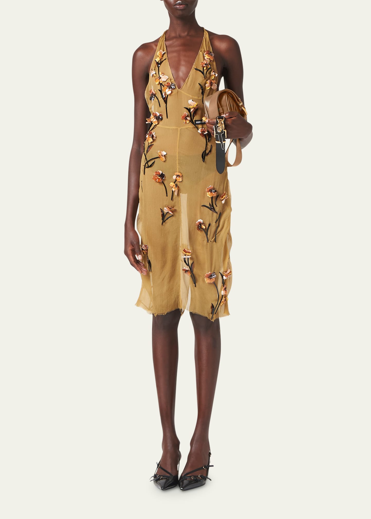 Miu Miu Floral-Embellished Chiffon Halter Dress - Bergdorf Goodman