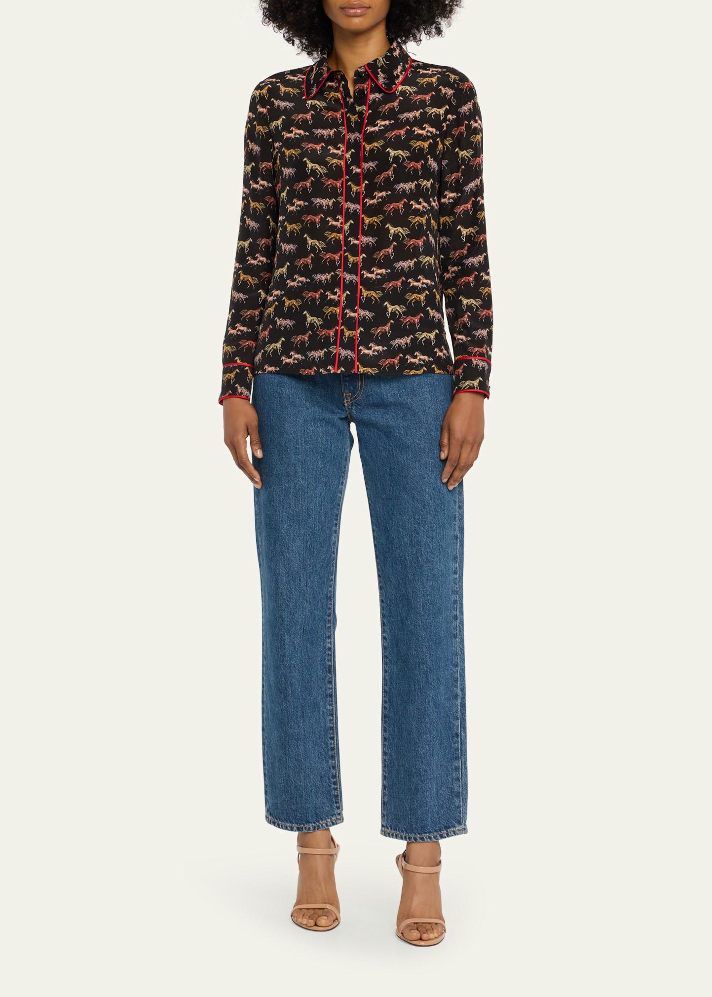 ALICE + OLIVIA Horse-Print Willa Placket Top With Piping 