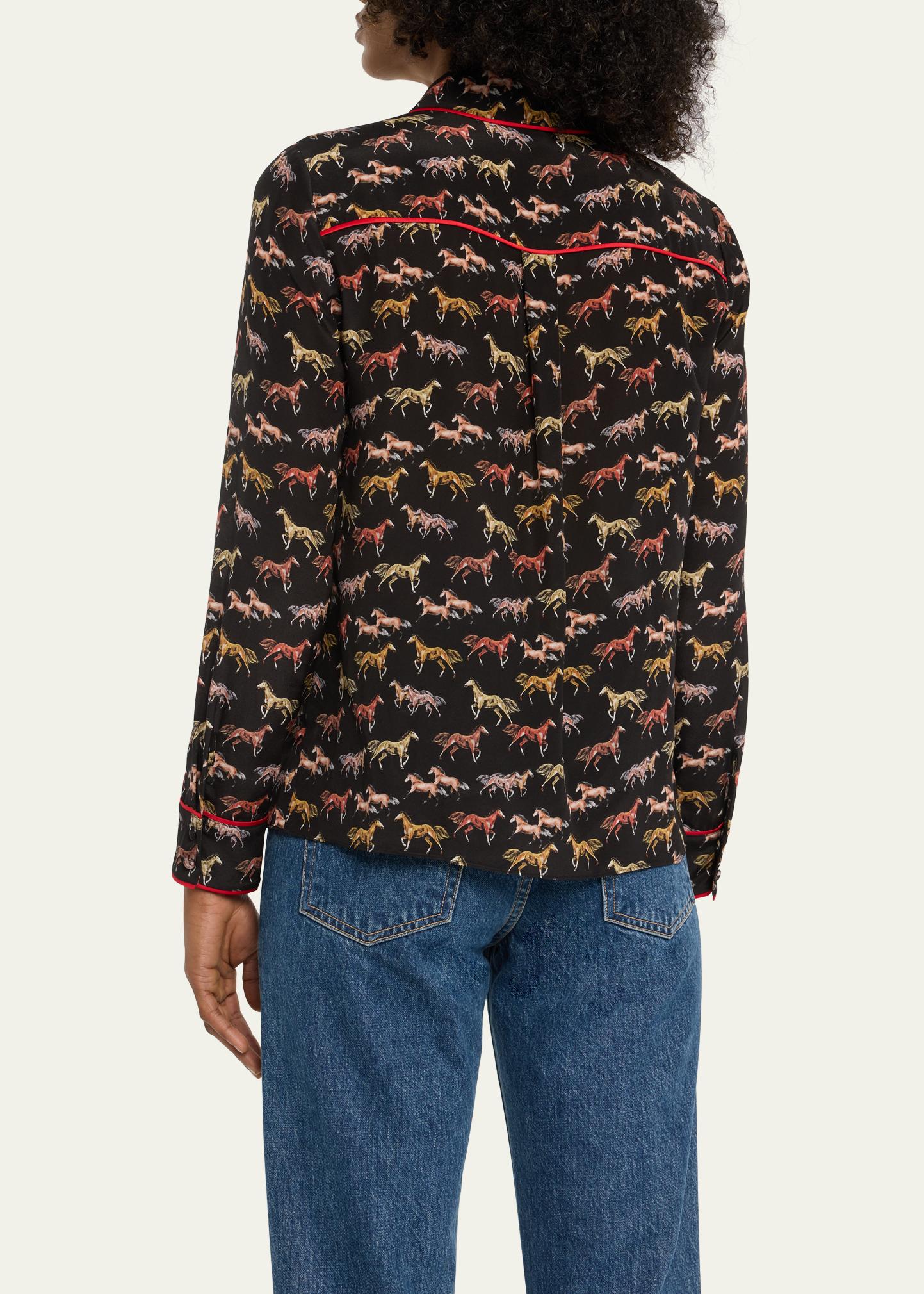 ALICE + OLIVIA Horse-Print Willa Placket Top With Piping 