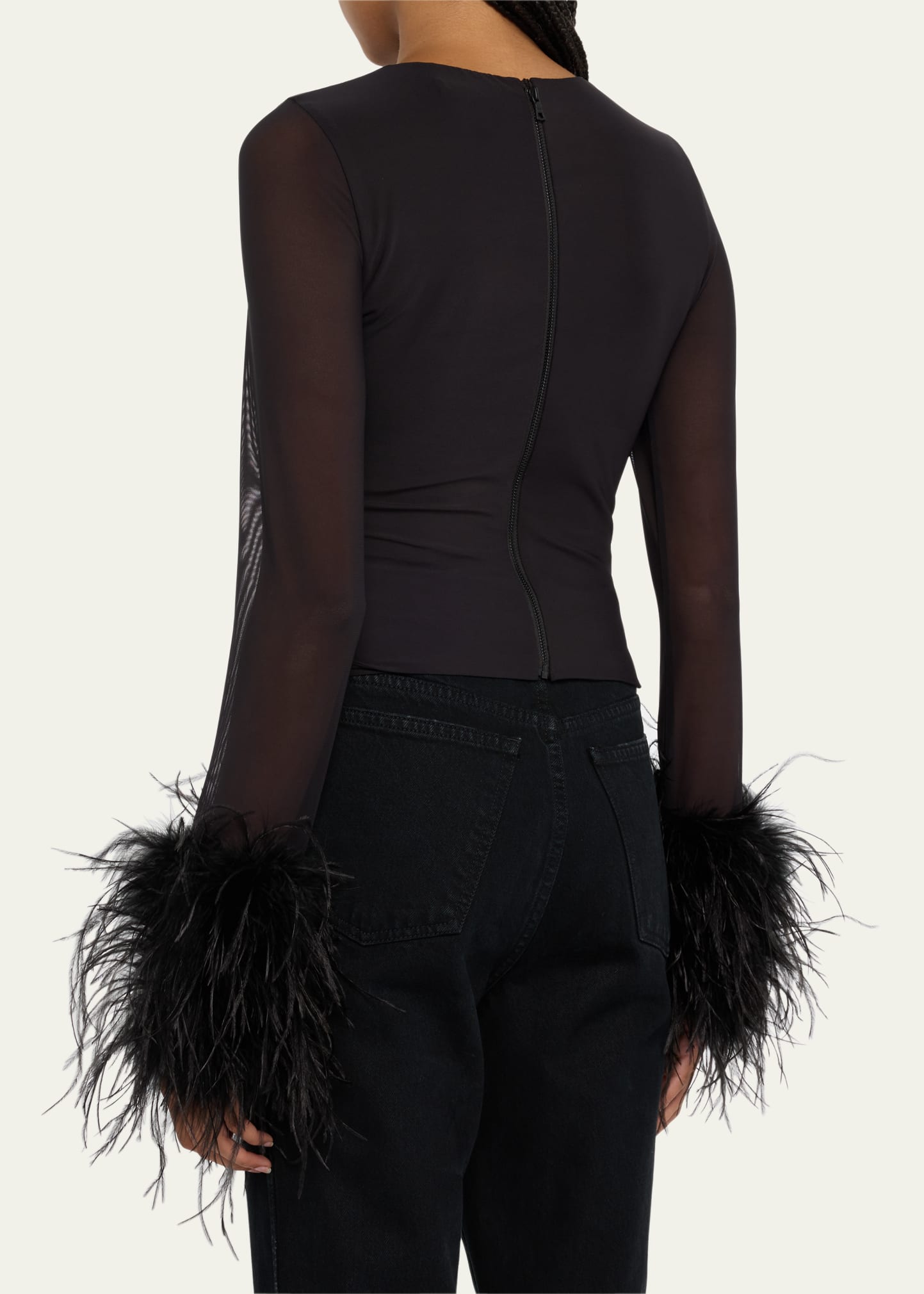 ALICE + OLIVIA Delaina feather-trimmed mesh top