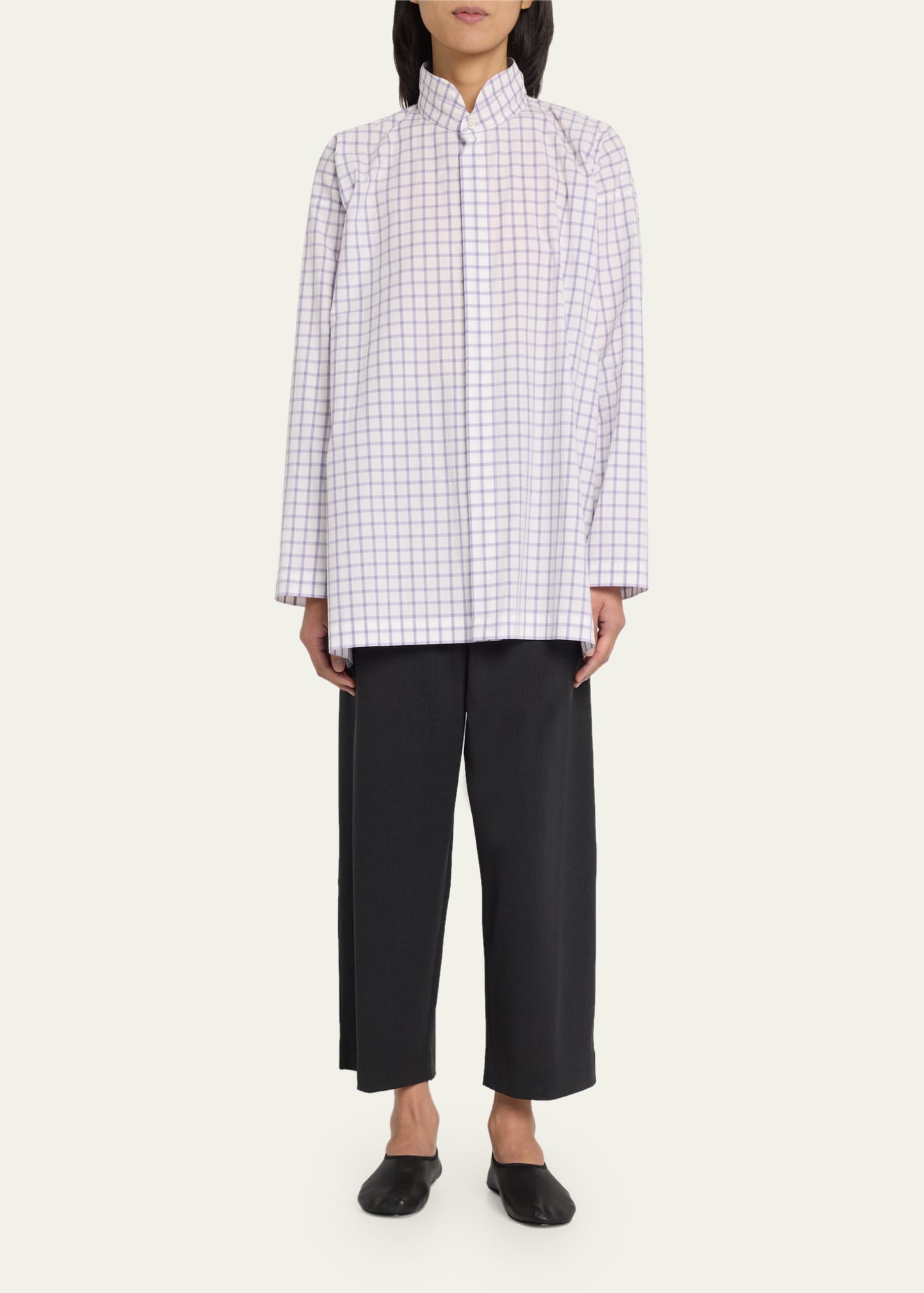 Eskandar Slim A-Line Long Shirt with Double Stand Collar